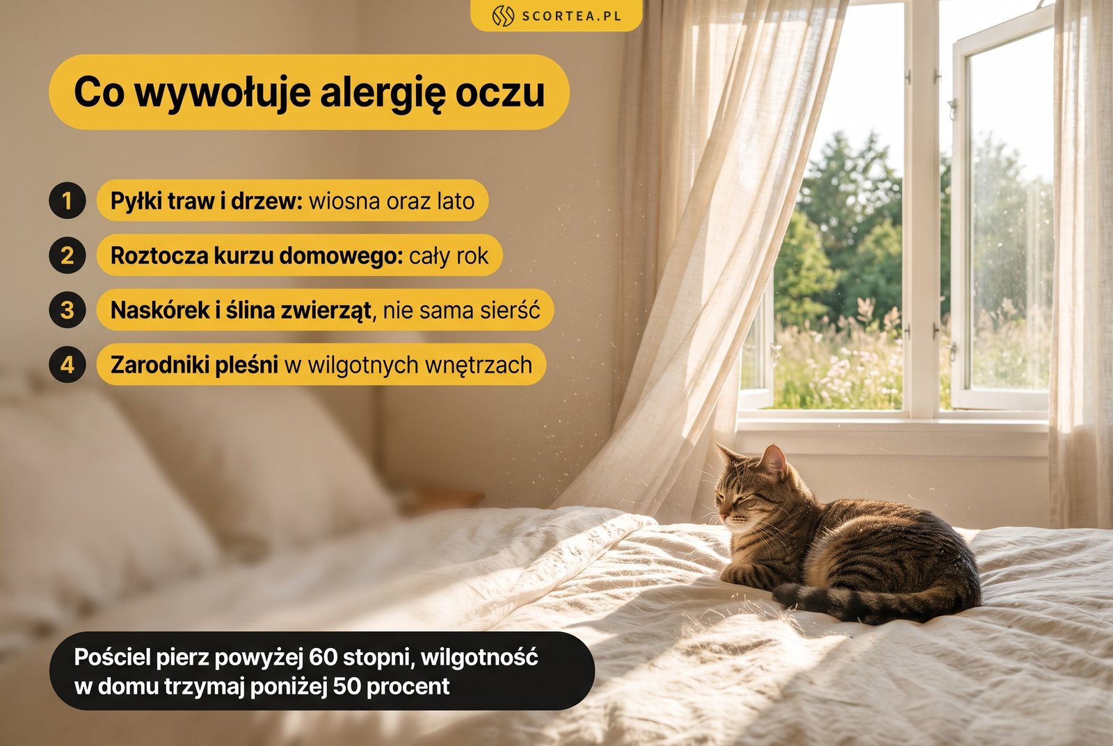 Infografika: alergeny wywołujące zapalenie spojówek - pyłki traw i drzew, roztocza kurzu domowego, naskórek i ślina zwierząt oraz zarodniki pleśni