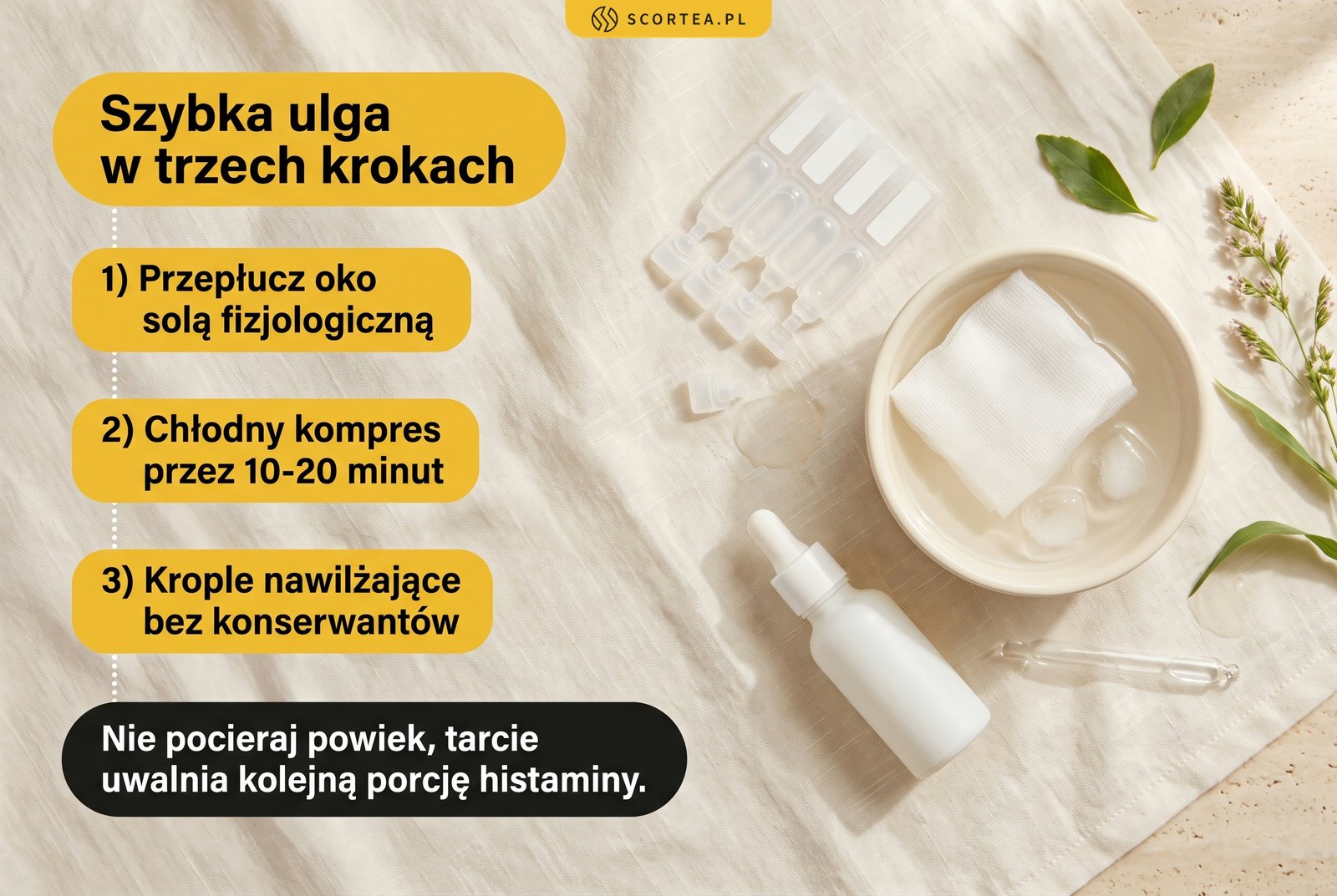 Infografika: trzy kroki szybkiej ulgi przy alergii oczu - przepłukanie solą fizjologiczną, chłodny kompres przez 10-20 minut i krople nawilżające bez konserwantów