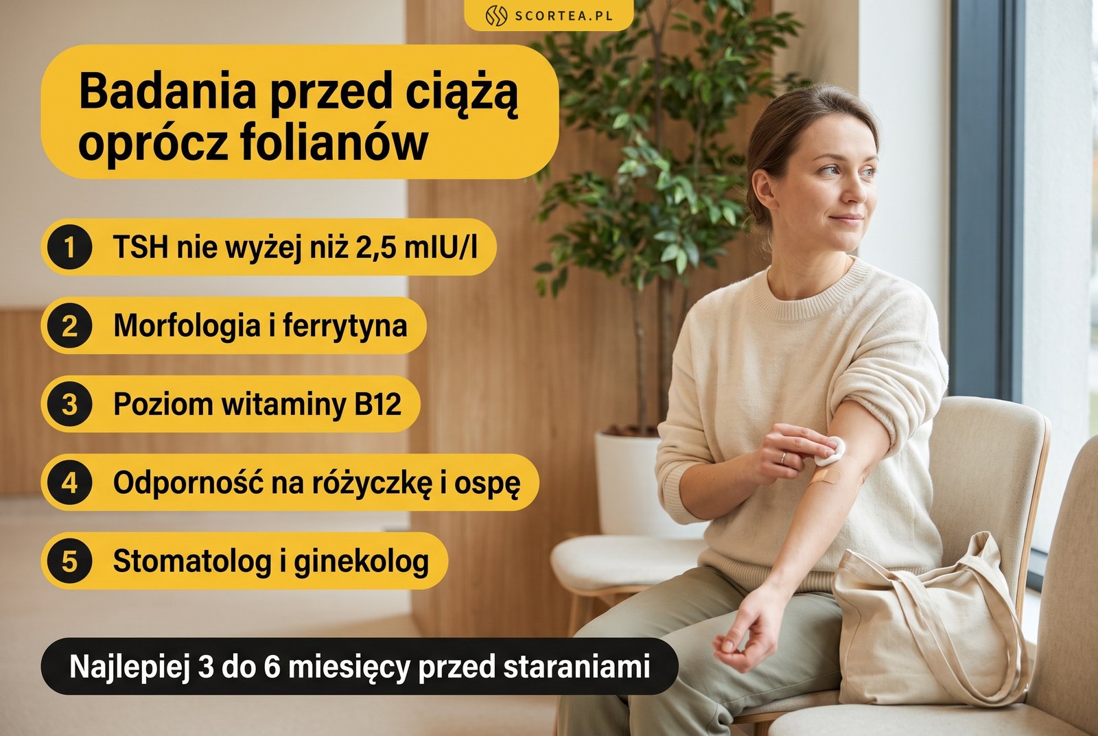 Badania przed ciążą: TSH do 2,5 mIU/l, morfologia i ferrytyna, witamina B12, odporność na różyczkę i ospę