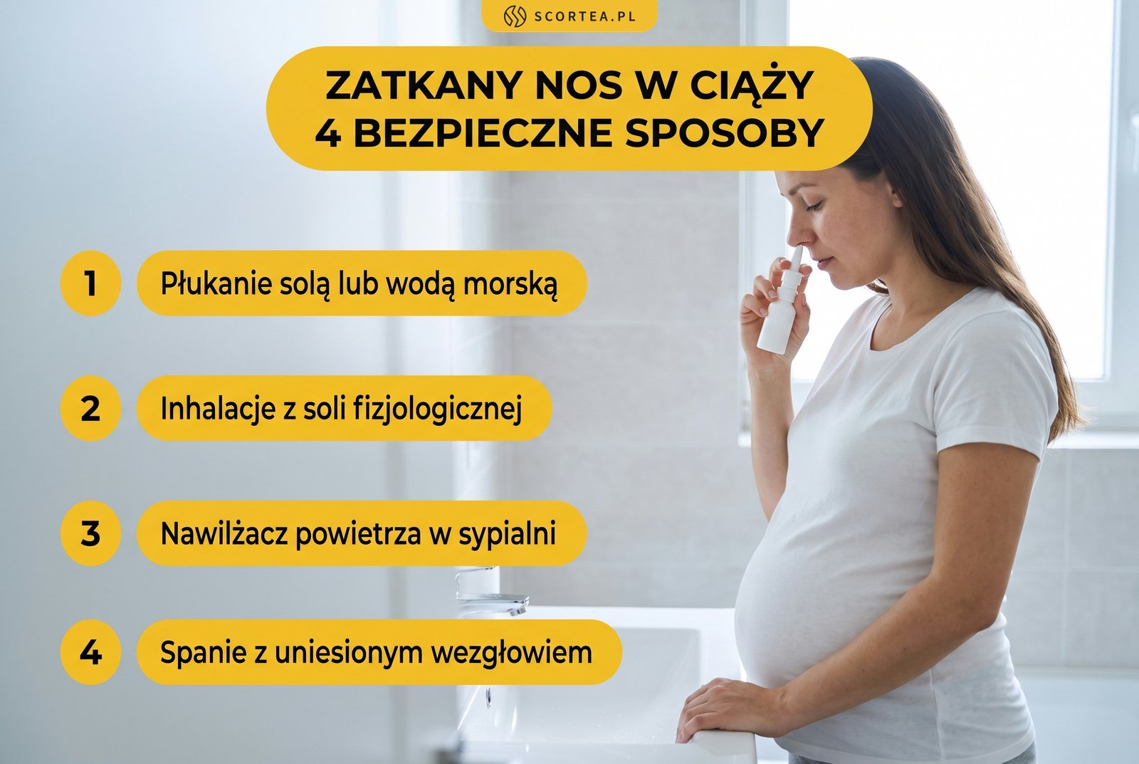 Infografika: cztery bezpieczne sposoby na zatkany nos w ciąży - płukanie solą lub wodą morską, inhalacje z soli fizjologicznej, nawilżacz powietrza w sypialni, spanie z uniesionym wezgłowiem