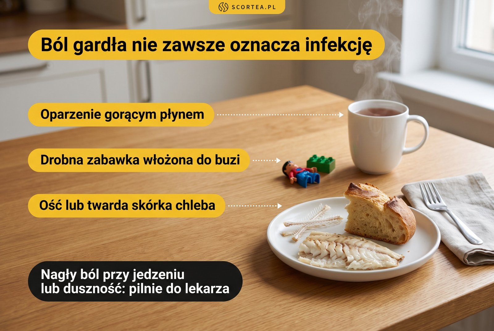 Infografika: ból gardła u dziecka nie zawsze oznacza infekcję – oparzenie gorącym płynem, drobna zabawka włożona do buzi, ość lub twarda skórka chleba; nagły ból przy jedzeniu lub duszność wymagają pilnej wizyty u lekarza