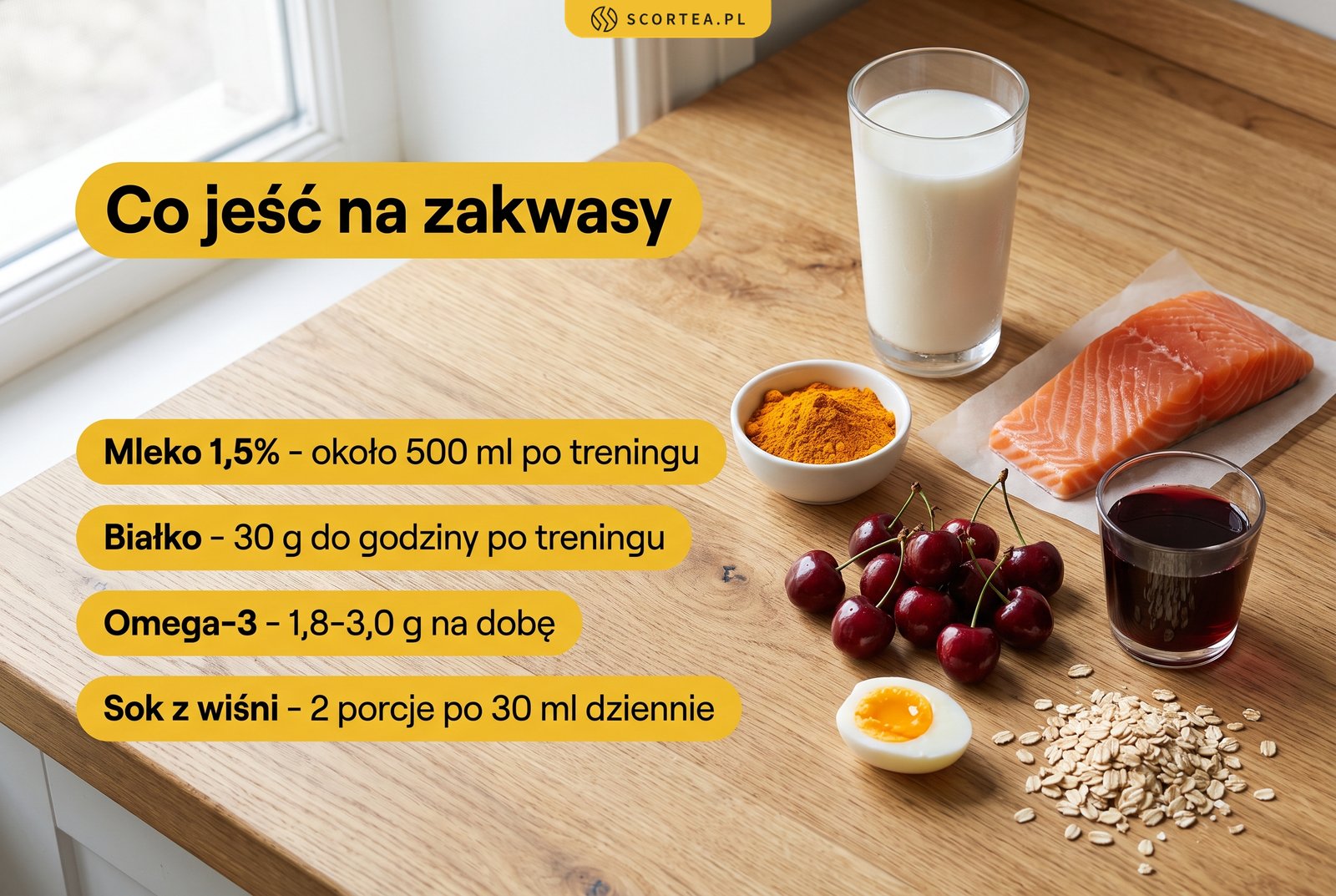 Produkty na zakwasy na drewnianym blacie: mleko, łosoś, kurkuma, wiśnie i jajko z dawkami wspierającymi regenerację