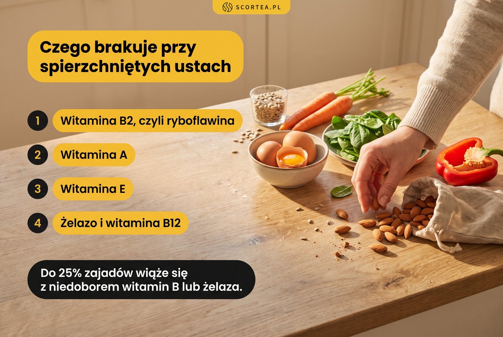 Czego brakuje przy spierzchniętych ustach: witamina B2, witamina A, witamina E, żelazo i witamina B12