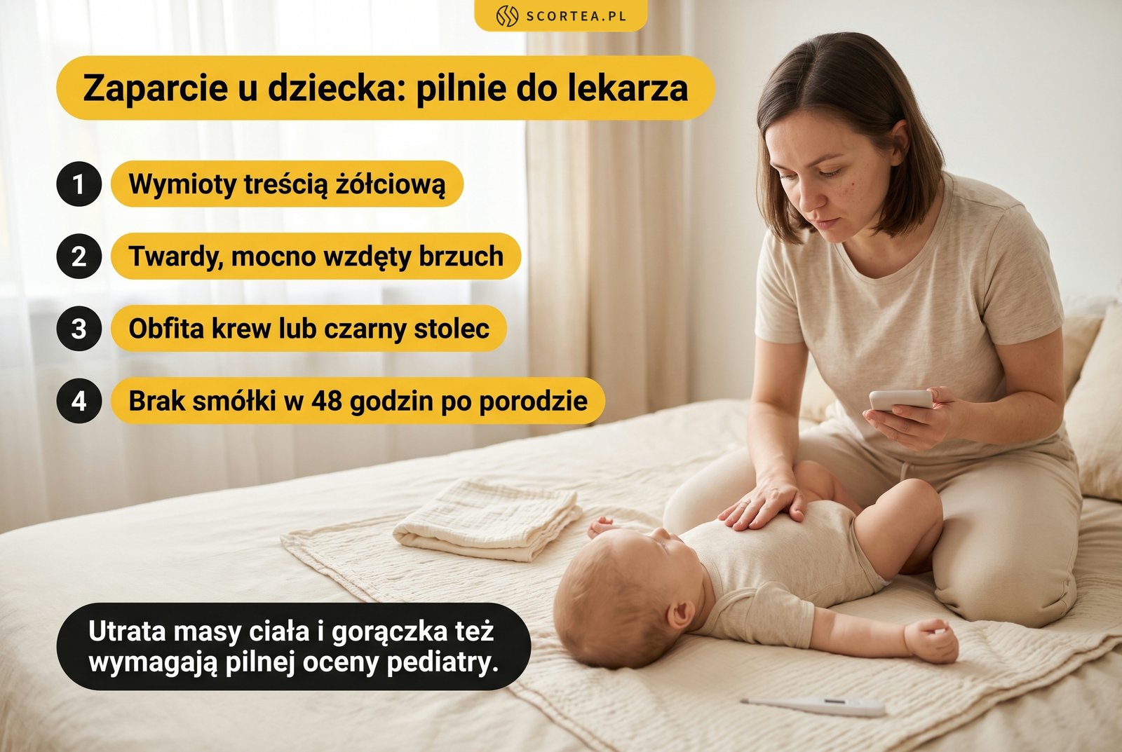 Czerwone flagi przy zaparciu u dziecka: wymioty treścią żółciową, wzdęty brzuch, krew w stolcu, brak smółki