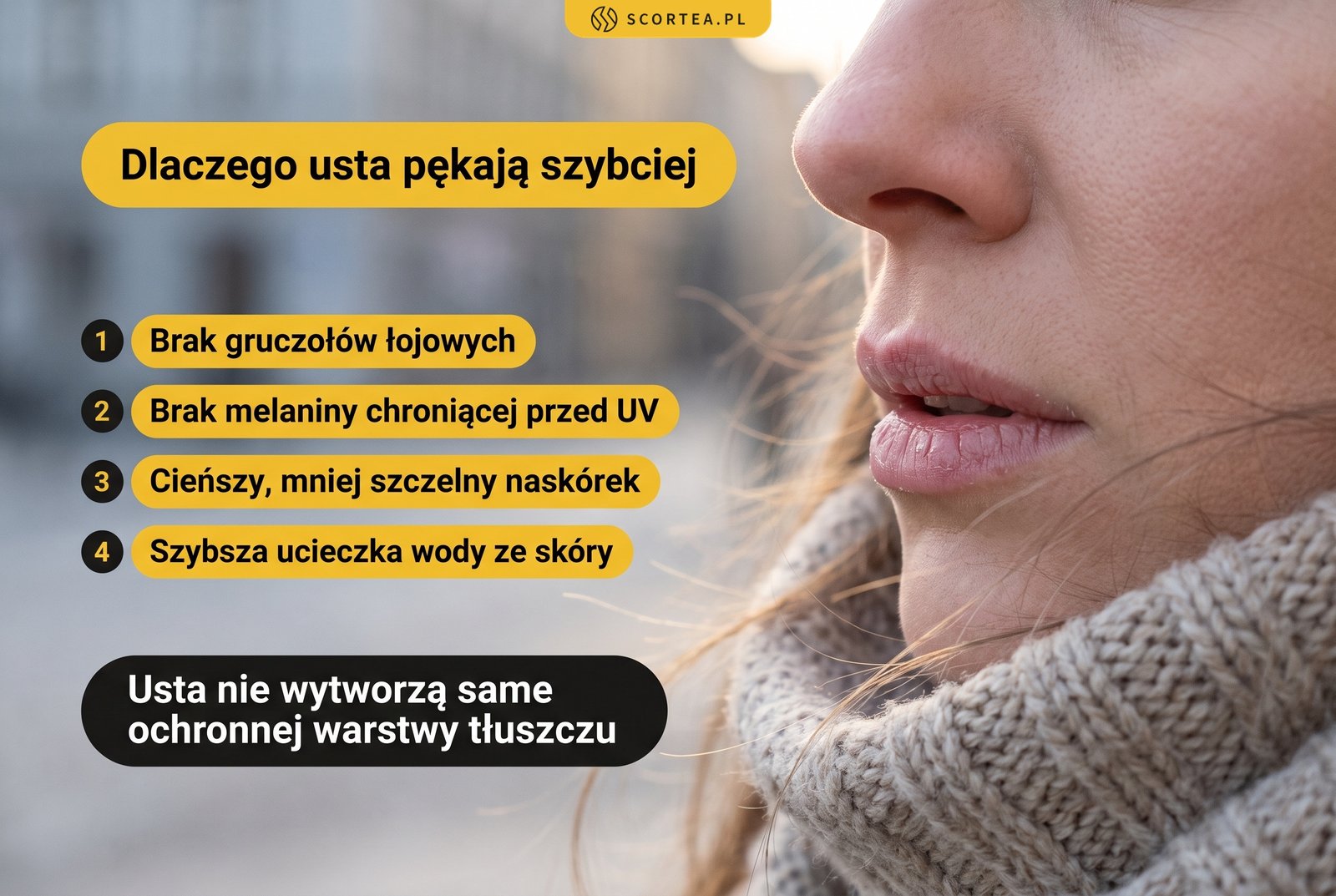 Dlaczego usta pękają szybciej: brak gruczołów łojowych i melaniny, cieńszy naskórek i szybsza utrata wody