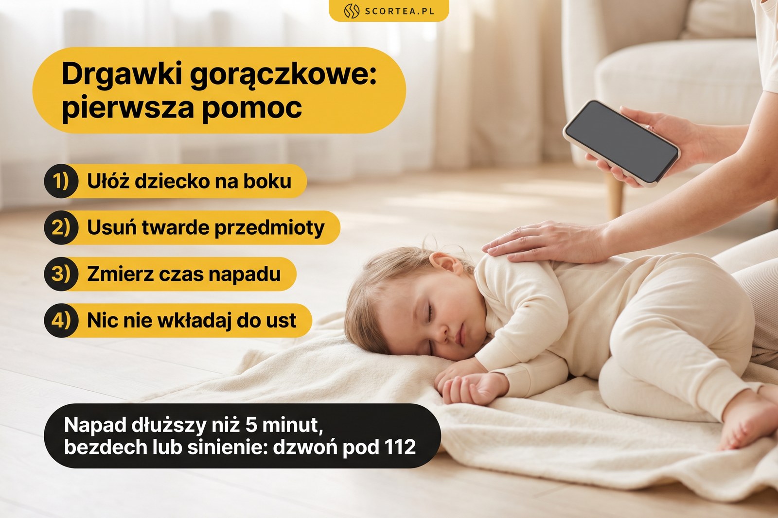 Infografika: pierwsza pomoc przy drgawkach gorączkowych u dziecka, pozycja boczna, usunięcie twardych przedmiotów, pomiar czasu napadu i telefon pod 112