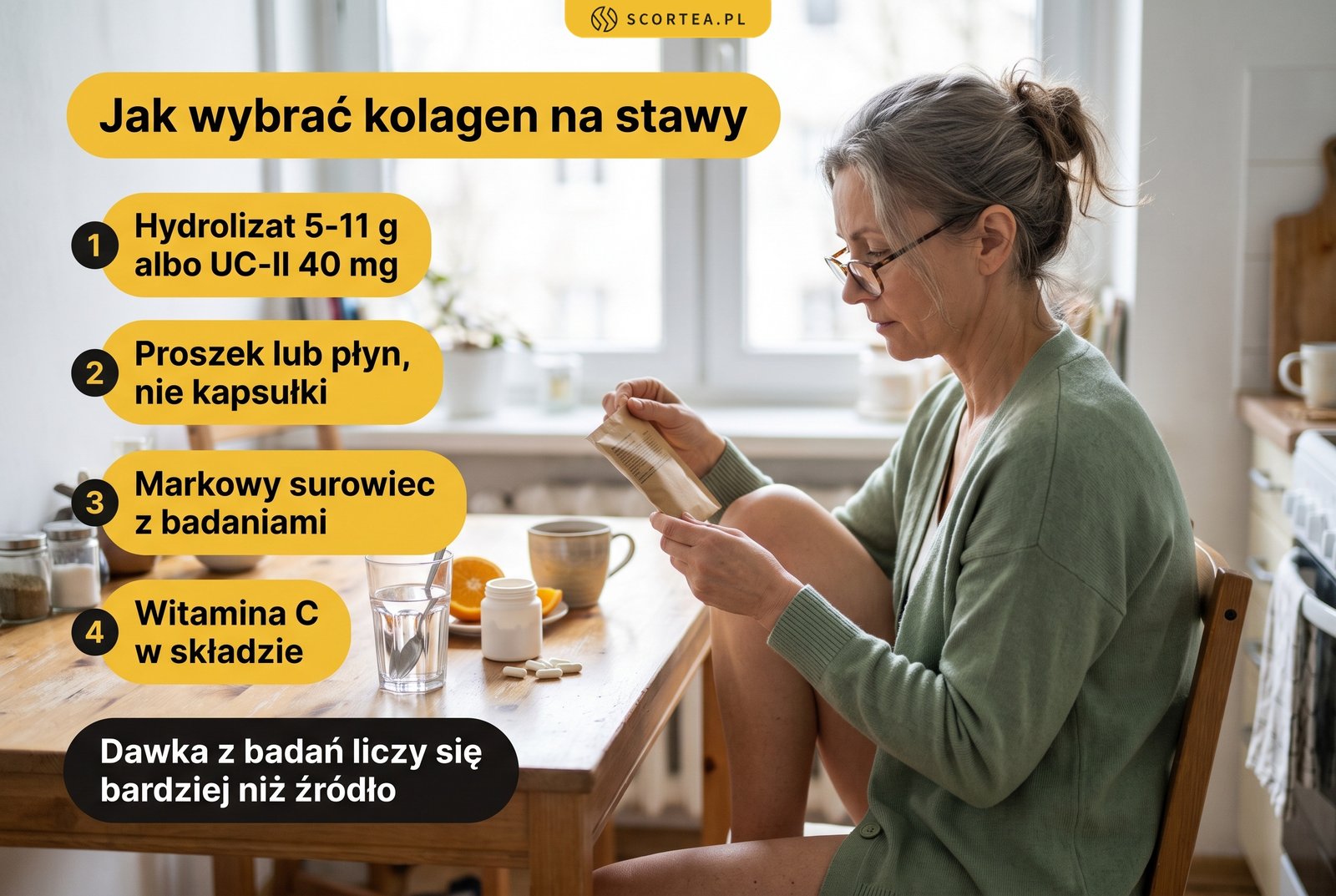 Jak wybrać kolagen na stawy: hydrolizat 5-11 g albo UC-II 40 mg, proszek lub płyn, markowy surowiec z badaniami i witamina C w składzie