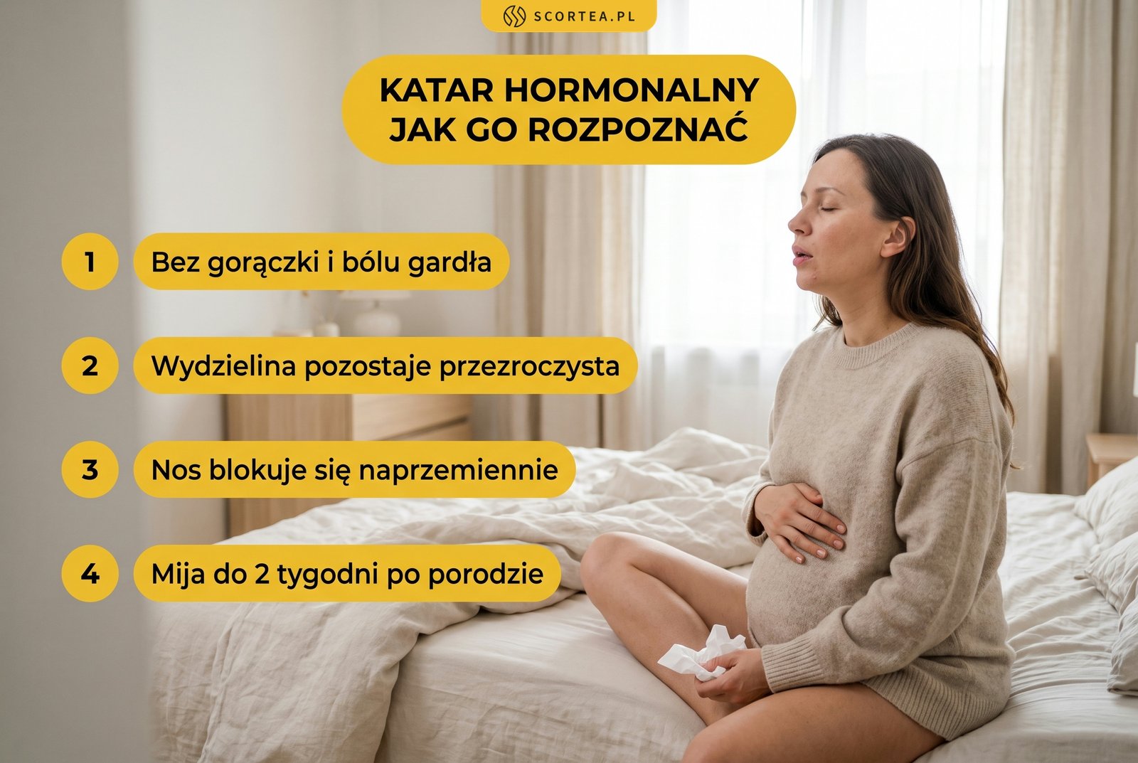 Infografika: cztery cechy kataru hormonalnego w ciąży - bez gorączki i bólu gardła, przezroczysta wydzielina, naprzemienne zatykanie nosa, ustępuje do 2 tygodni po porodzie