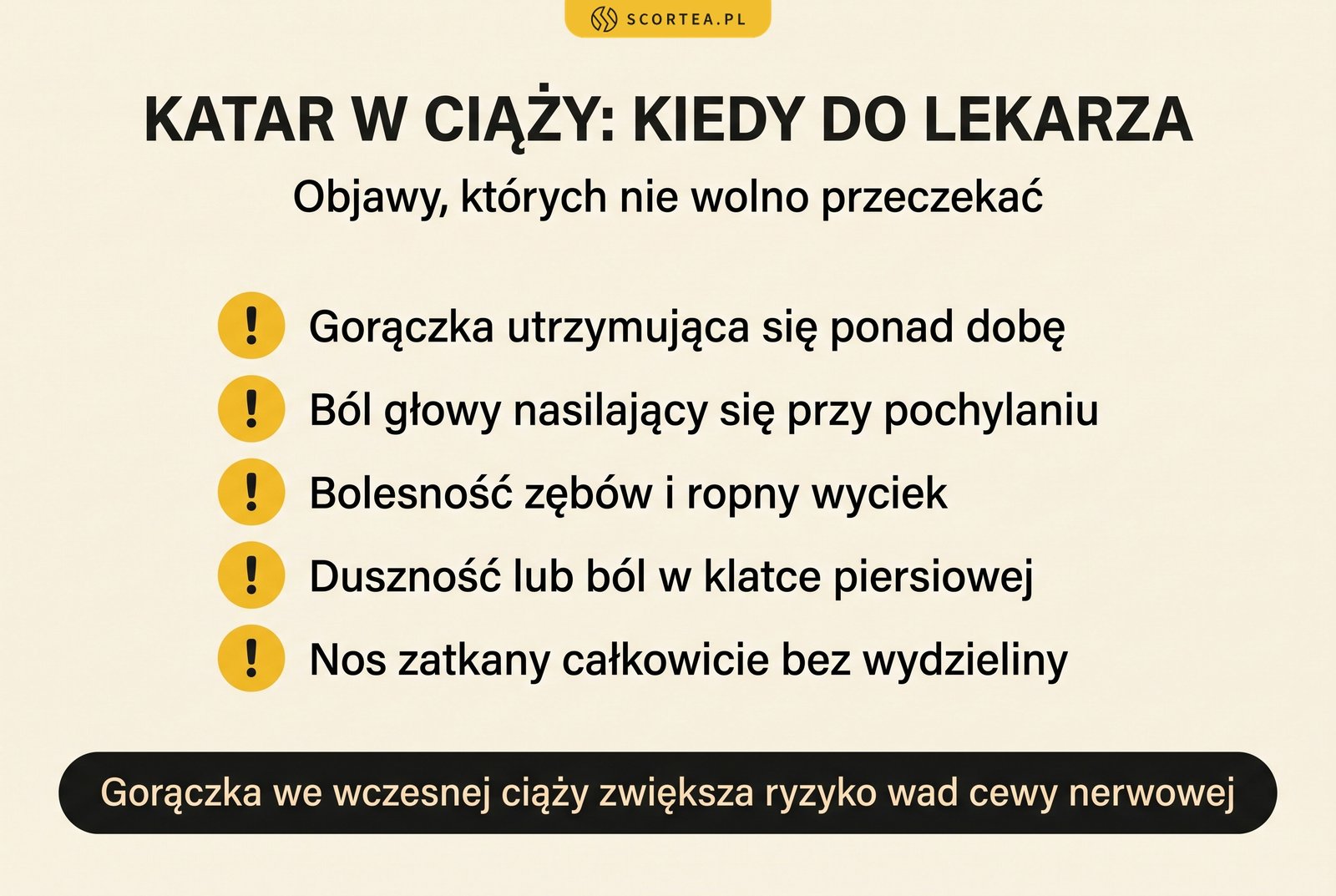 Infografika: pięć objawów alarmowych przy katarze w ciąży - gorączka ponad dobę, ból głowy przy pochylaniu, bolesność zębów i ropny wyciek, duszność lub ból w klatce piersiowej, nos zatkany bez wydzieliny