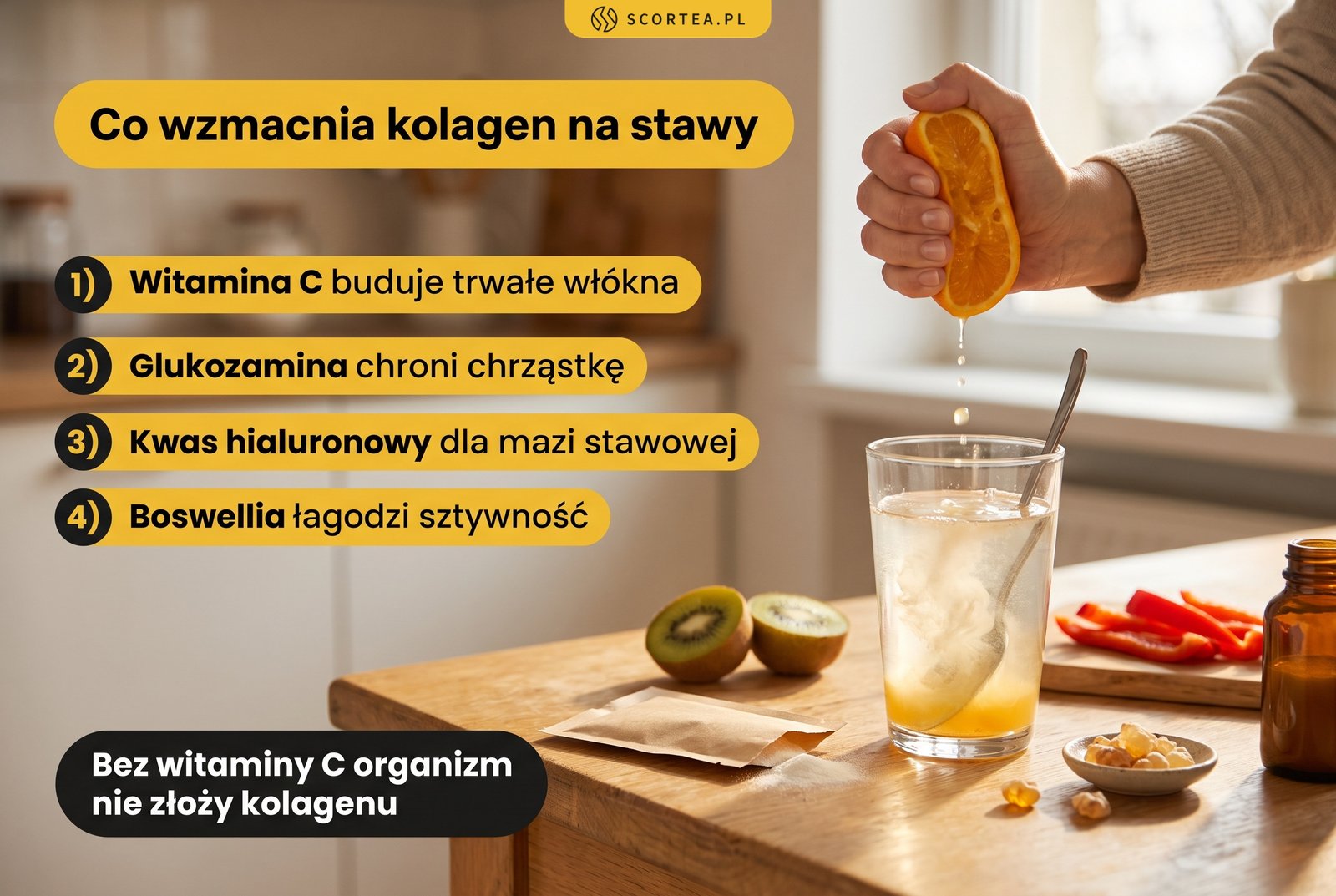 Składniki wspierające kolagen na stawy: witamina C, glukozamina, kwas hialuronowy i Boswellia; kobieta wyciska pomarańczę do szklanki z kolagenem