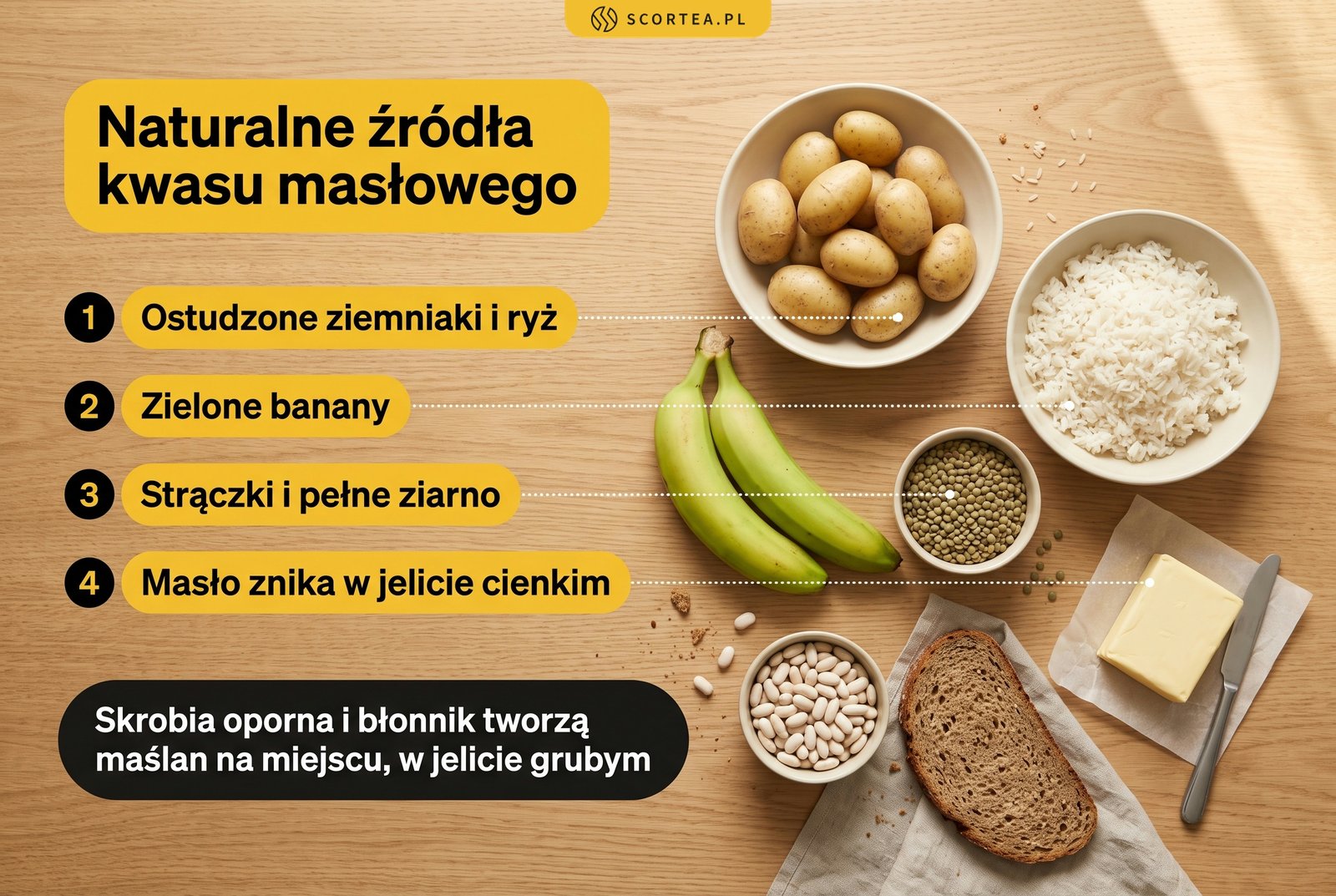 Infografika: naturalne źródła kwasu masłowego - ostudzone ziemniaki i ryż, zielone banany, strączki i pełne ziarno oraz masło, które wchłania się już w jelicie cienkim