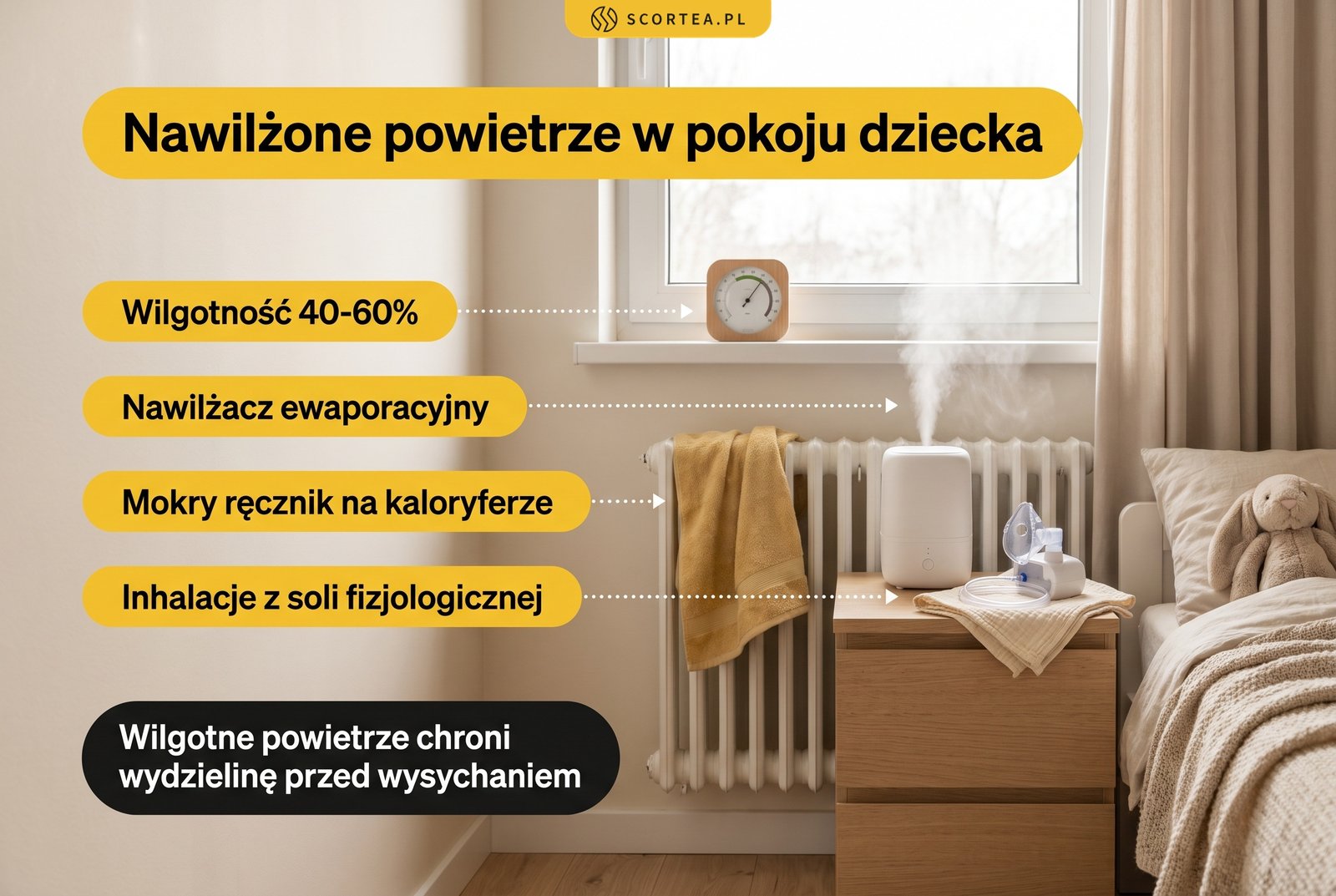Infografika: nawilżone powietrze w pokoju dziecka przy bólu gardła – wilgotność 40-60%, nawilżacz ewaporacyjny, mokry ręcznik na kaloryferze i inhalacje z soli fizjologicznej