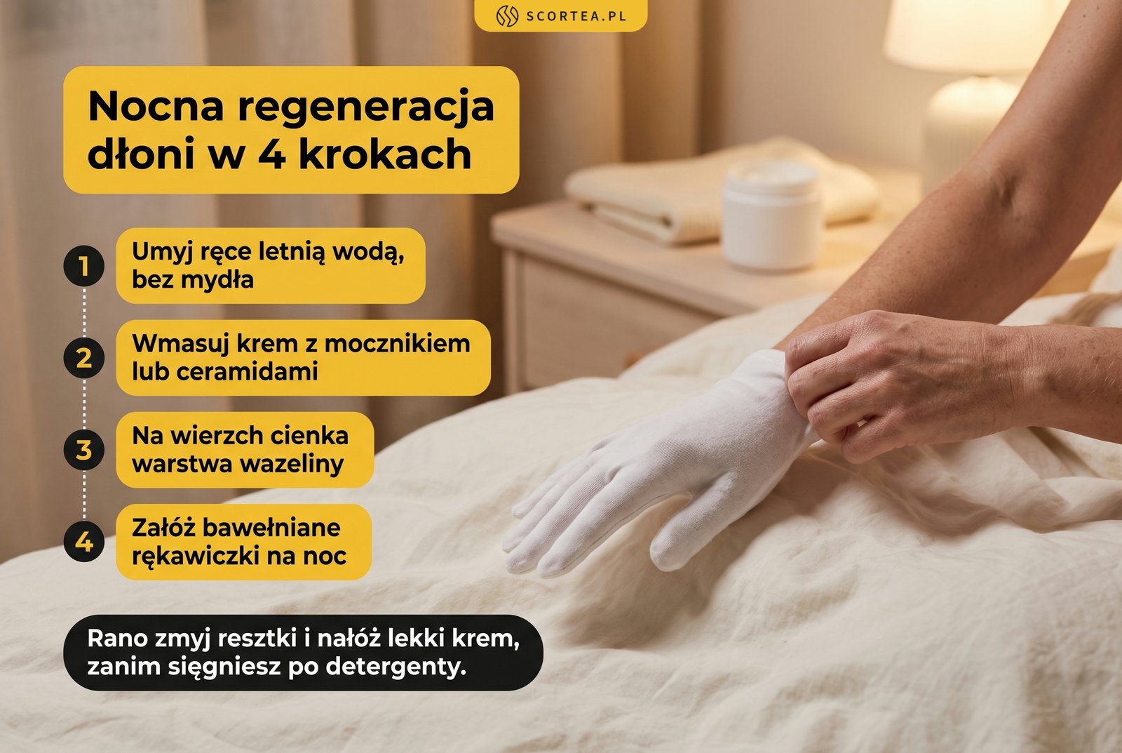 Infografika na zdjęciu dłoni w bawełnianych rękawiczkach: nocna regeneracja dłoni w czterech krokach