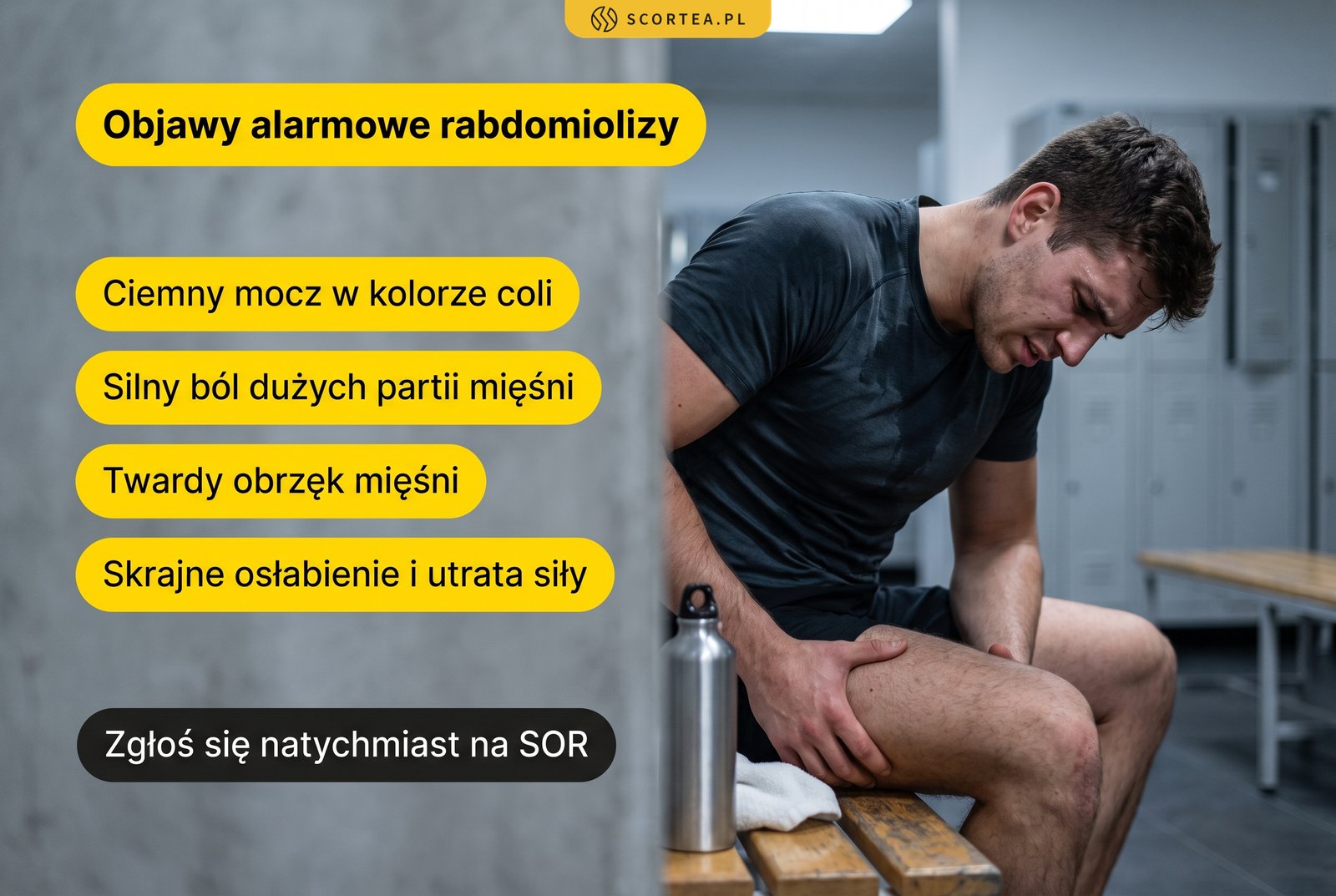 Wyczerpany mężczyzna trzyma się za udo w szatni, obok lista objawów alarmowych rabdomiolizy