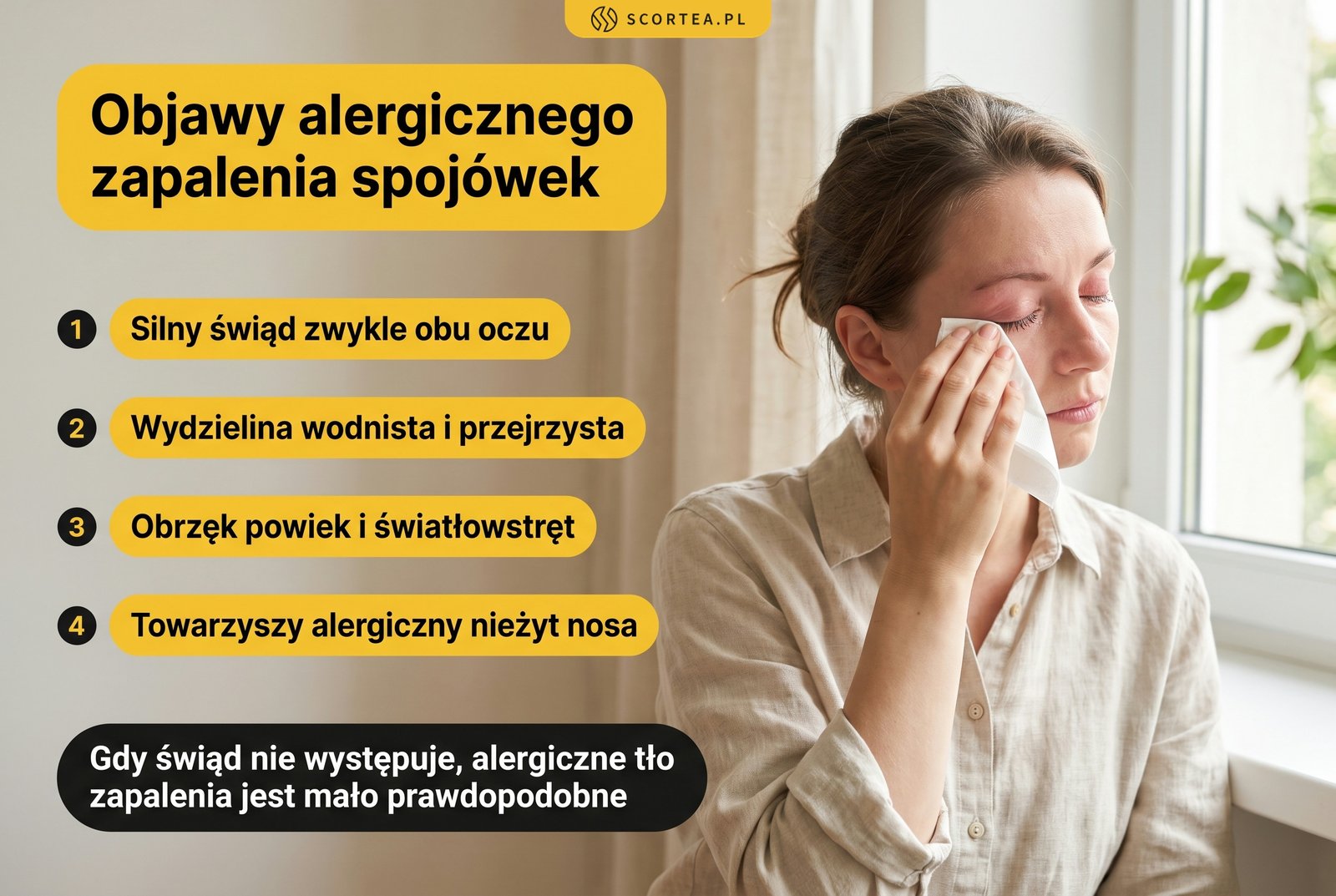 Infografika: objawy alergicznego zapalenia spojówek - silny świąd obu oczu, wodnista przejrzysta wydzielina, obrzęk powiek, światłowstręt i towarzyszący alergiczny nieżyt nosa
