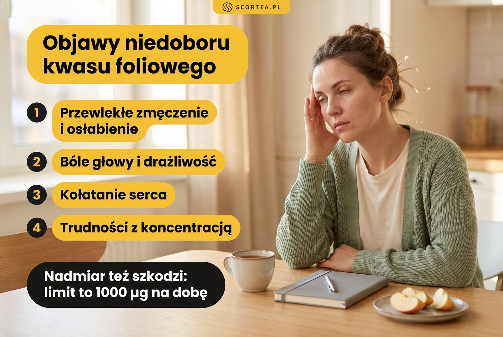 Objawy niedoboru kwasu foliowego: zmęczenie, osłabienie, bóle głowy, kołatanie serca i trudności z koncentracją