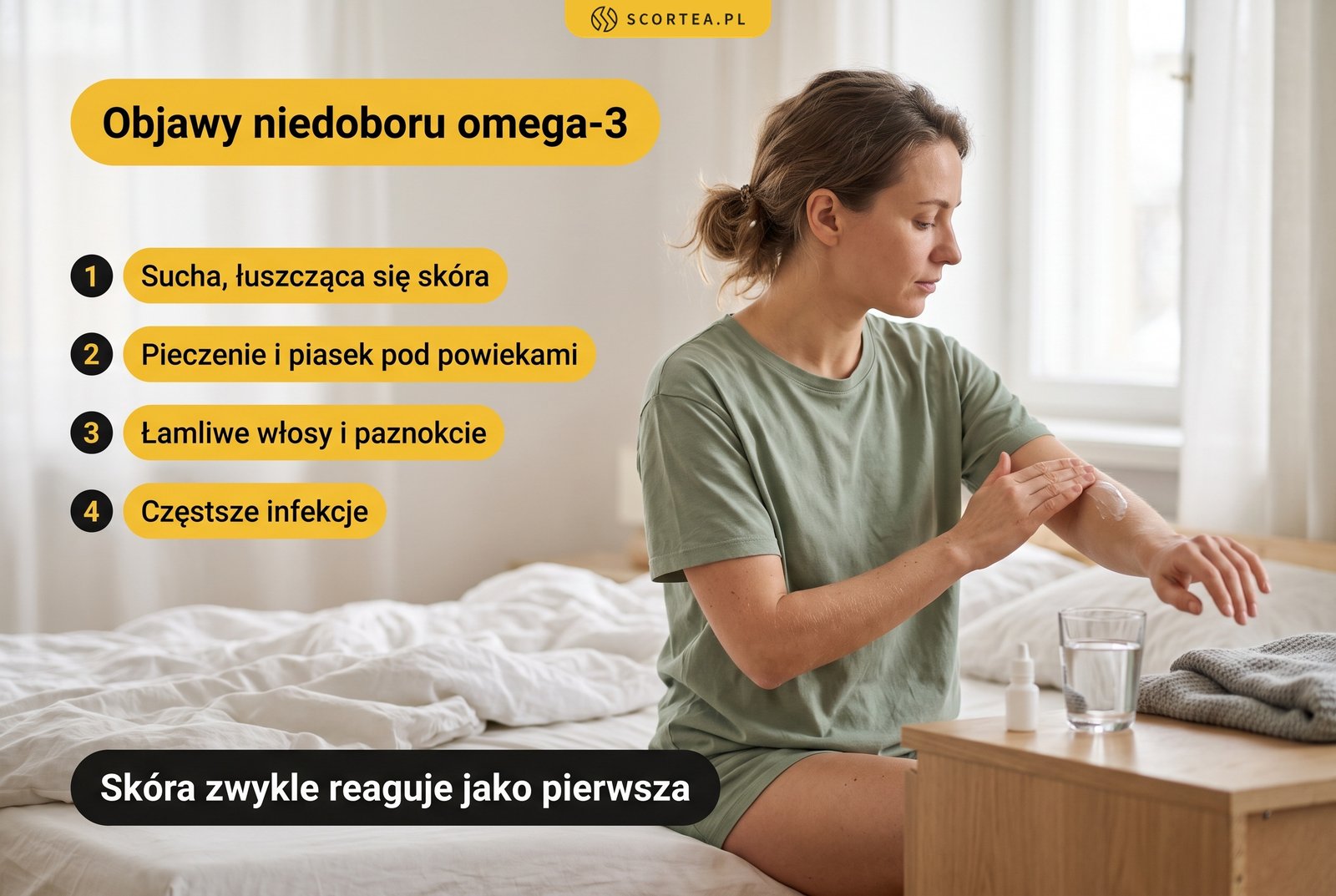 Objawy niedoboru omega-3: sucha łuszcząca się skóra, pieczenie i piasek pod powiekami, łamliwe włosy i paznokcie, częstsze infekcje