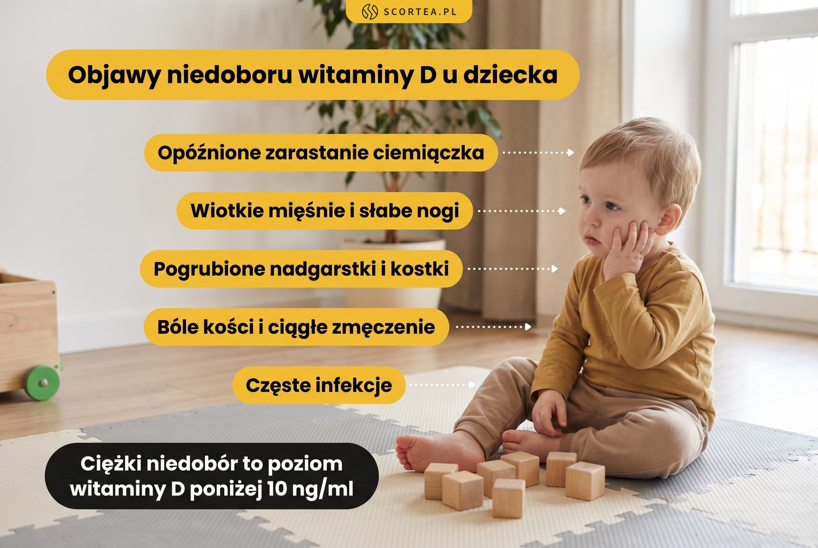 Objawy niedoboru witaminy D u dziecka: opóźnione zarastanie ciemiączka, wiotkie mięśnie i słabe nogi, pogrubione nadgarstki i kostki, bóle kości i zmęczenie, częste infekcje