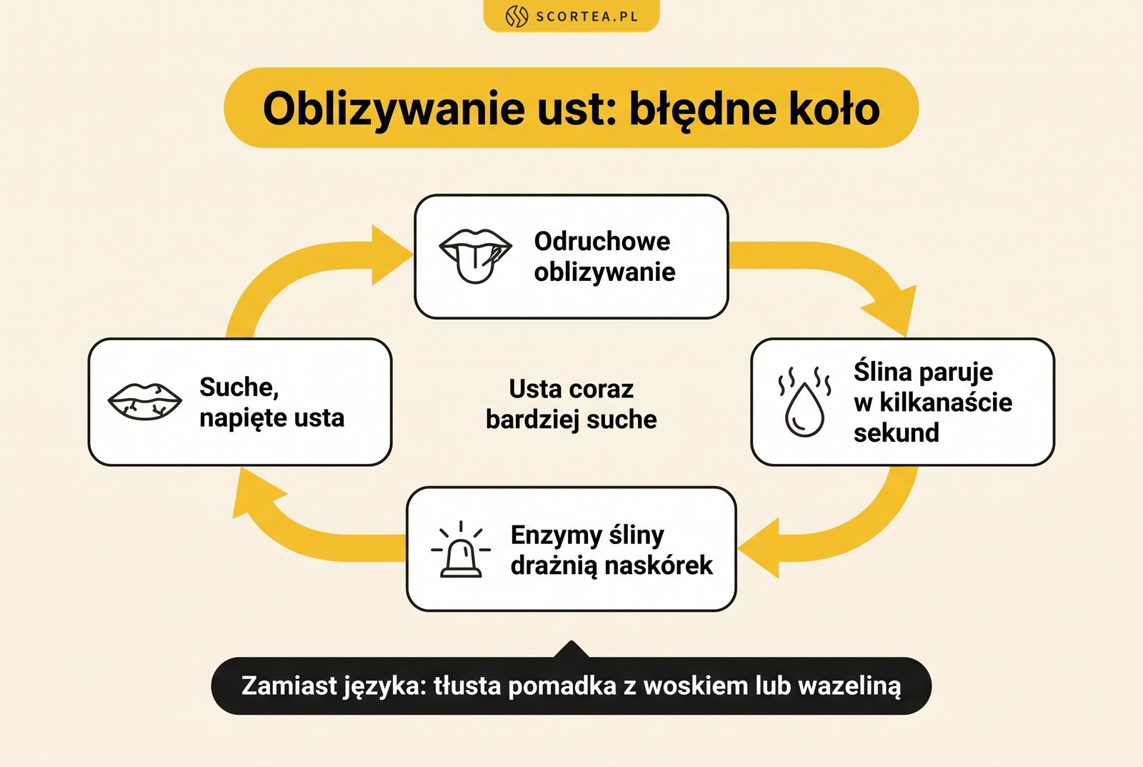 Błędne koło oblizywania ust: suche usta, oblizywanie, parowanie śliny i enzymy drażniące naskórek