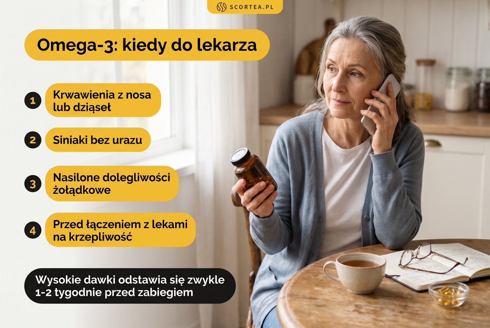 Omega-3, kiedy do lekarza: krwawienia z nosa lub dziąseł, siniaki bez urazu, dolegliwości żołądkowe, łączenie z lekami na krzepliwość