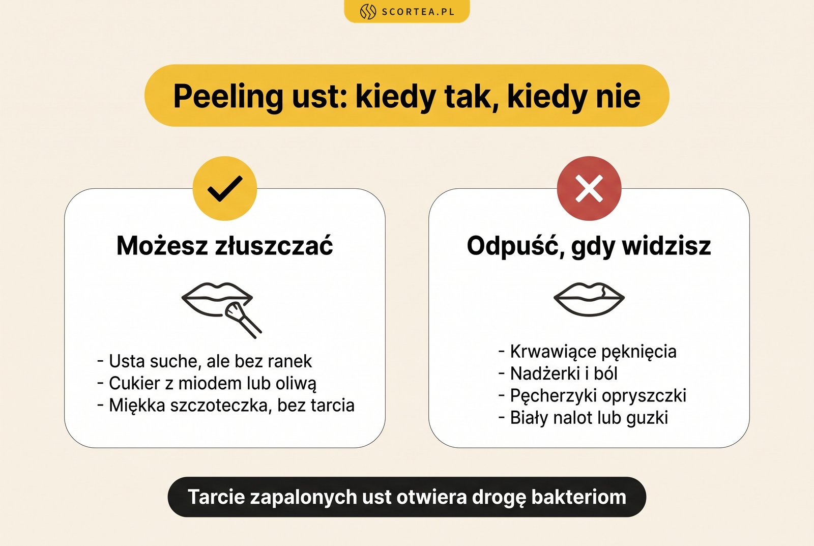 Peeling ust: kiedy można złuszczać suche usta, a kiedy odpuścić przy pęknięciach, nadżerkach i opryszczce
