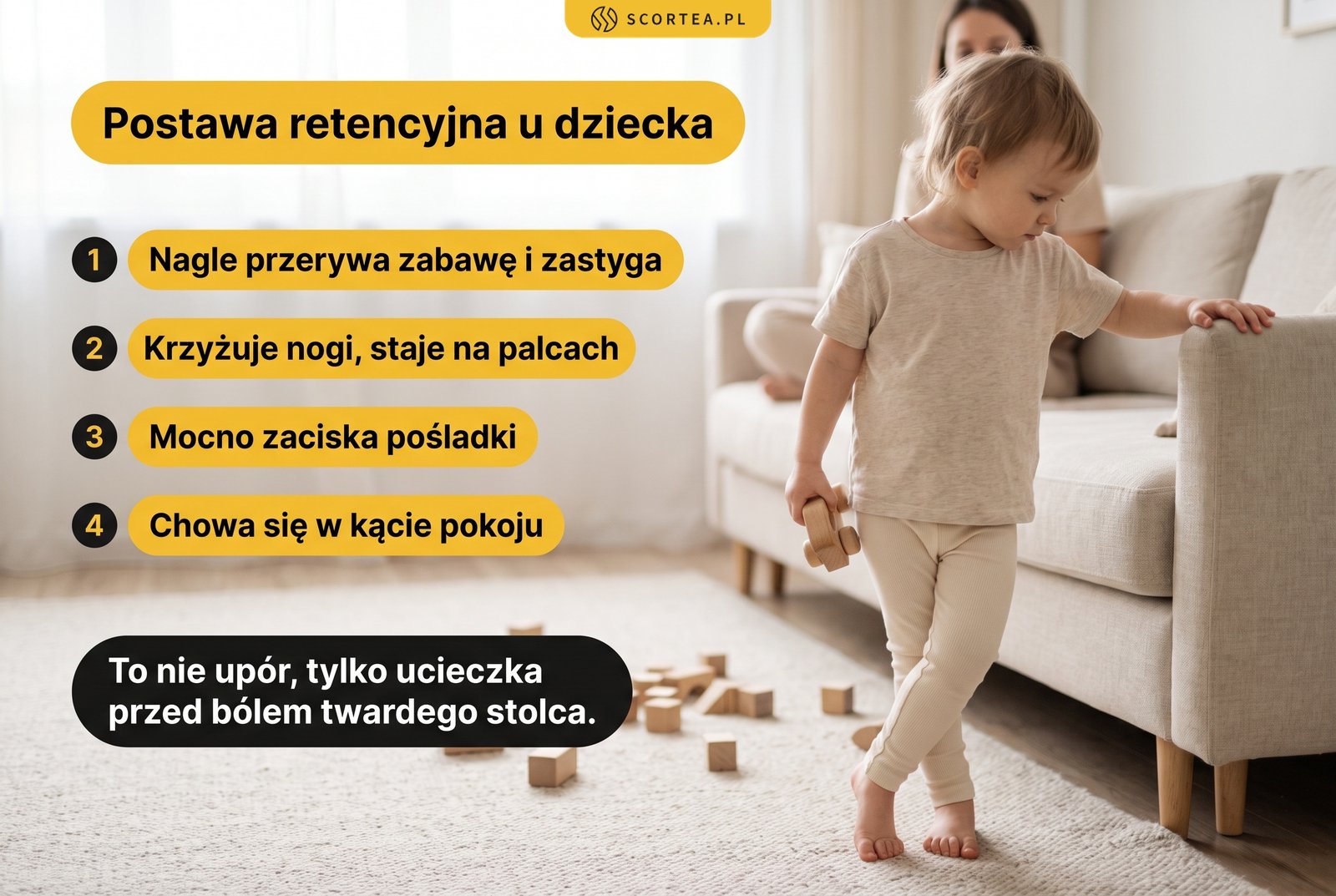 Postawa retencyjna u dziecka: maluch przerywa zabawę, krzyżuje nogi i zaciska pośladki przy zaparciu