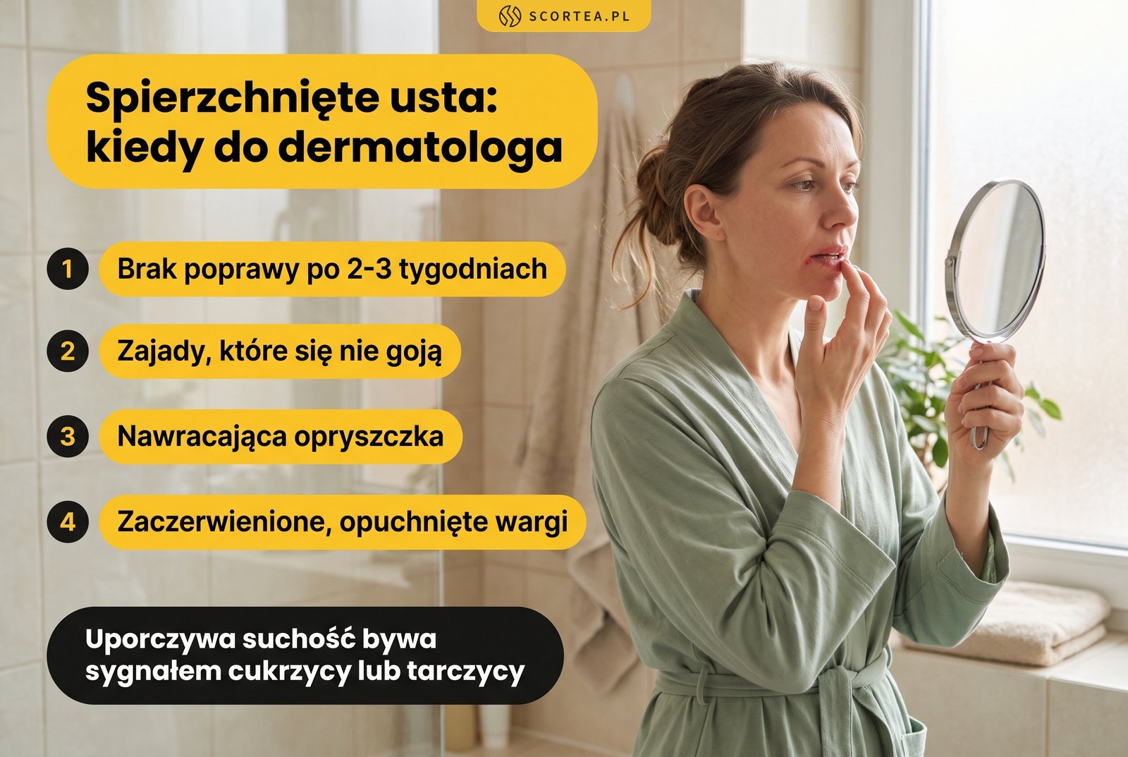 Spierzchnięte usta, kiedy do dermatologa: brak poprawy po 2-3 tygodniach, zajady, opryszczka, obrzęk warg