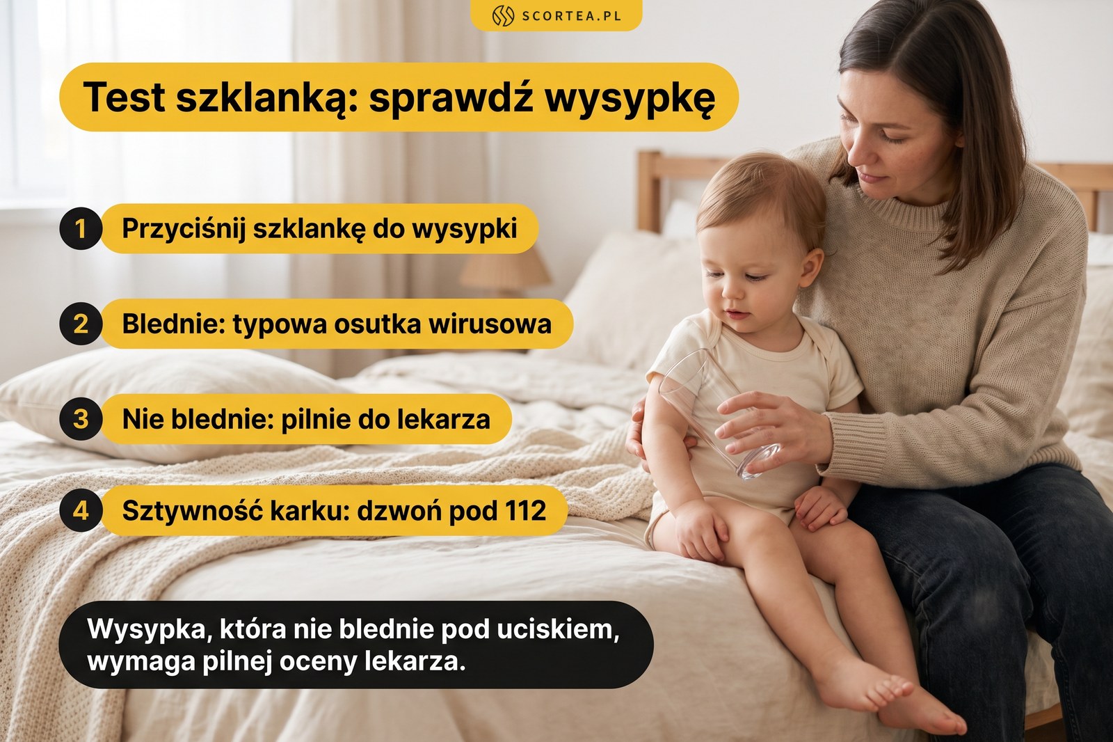 Infografika: test szklanką na wysypkę u dziecka, wysypka która nie blednie pod uciskiem wymaga pilnej oceny lekarza