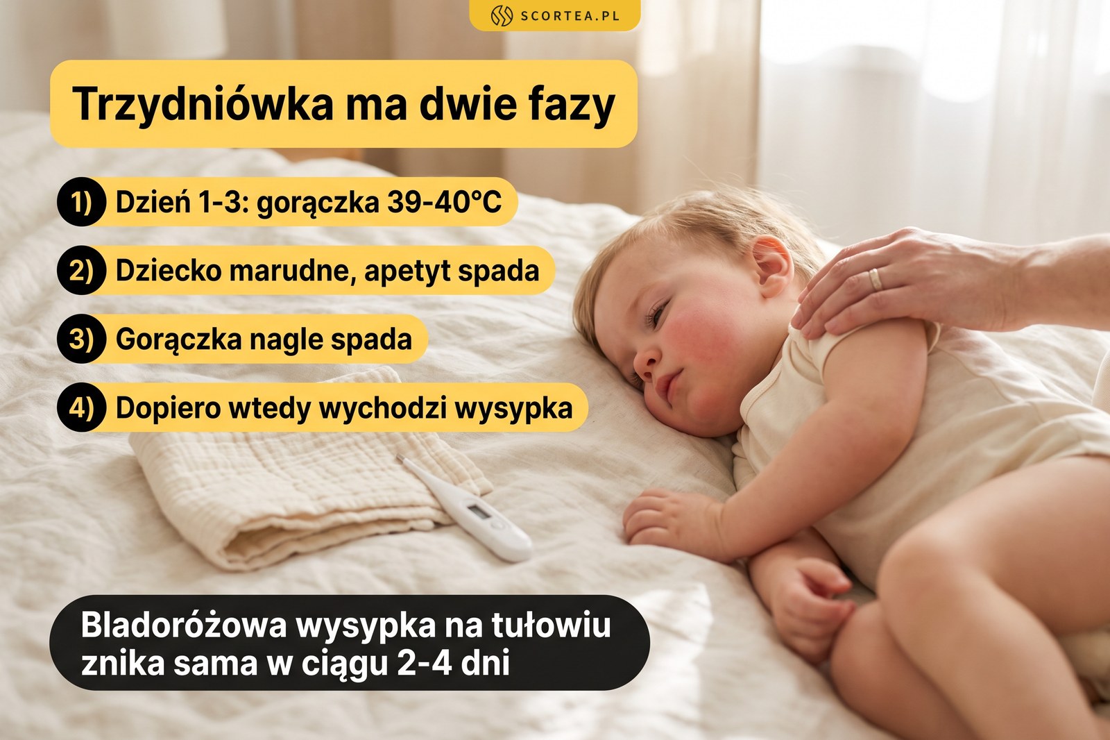 Infografika: dwie fazy trzydniówki, gorączka 39-40 stopni przez 3 dni, a po jej nagłym spadku bladoróżowa wysypka na tułowiu