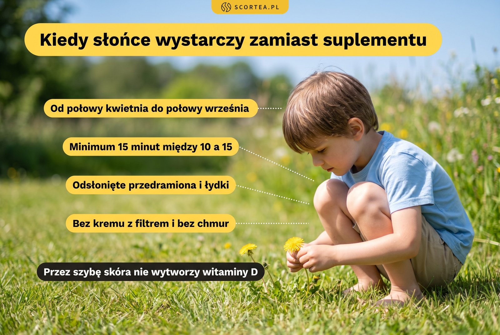 Warunki syntezy skórnej witaminy D u dziecka latem: od połowy kwietnia do połowy września, minimum 15 minut między 10 a 15, odsłonięte przedramiona i łydki, bez kremu z filtrem
