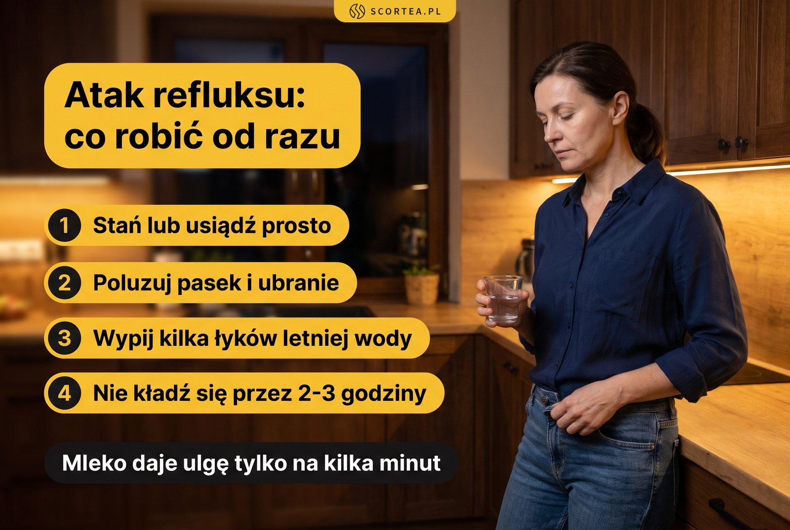 Infografika: atak refluksu i co robić od razu, czyli stanąć lub usiąść prosto, poluzować pasek, wypić kilka łyków letniej wody i nie kłaść się przez 2-3 godziny; mleko daje ulgę tylko na kilka minut