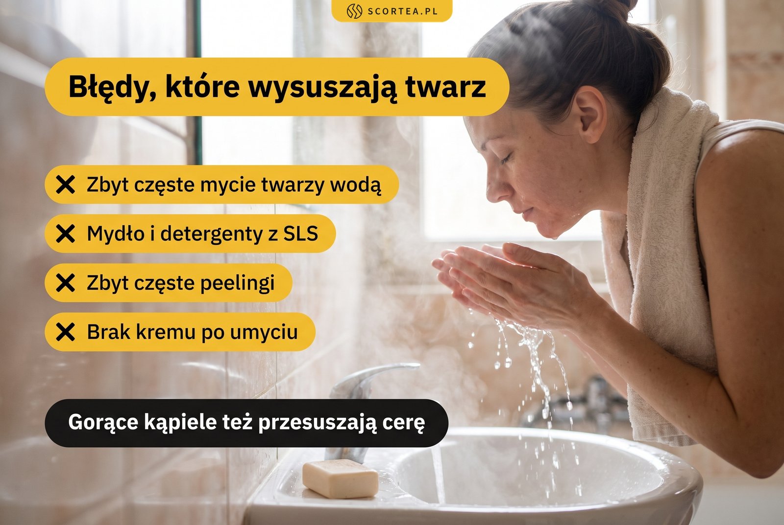 Infografika: błędy, które wysuszają twarz, czyli częste mycie wodą, mydło i SLS, zbyt częste peelingi oraz brak kremu po umyciu