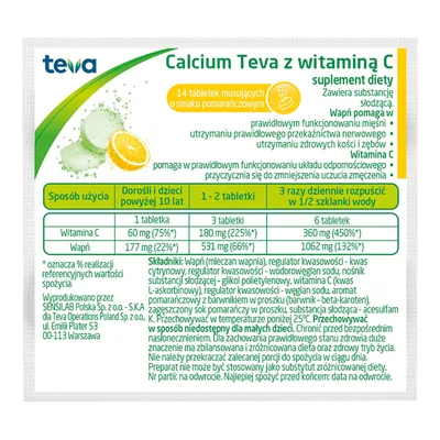 Calcium Wapno + Witamina C Tabletki Musujące Smak Pomarańczowy 14 Sztuk