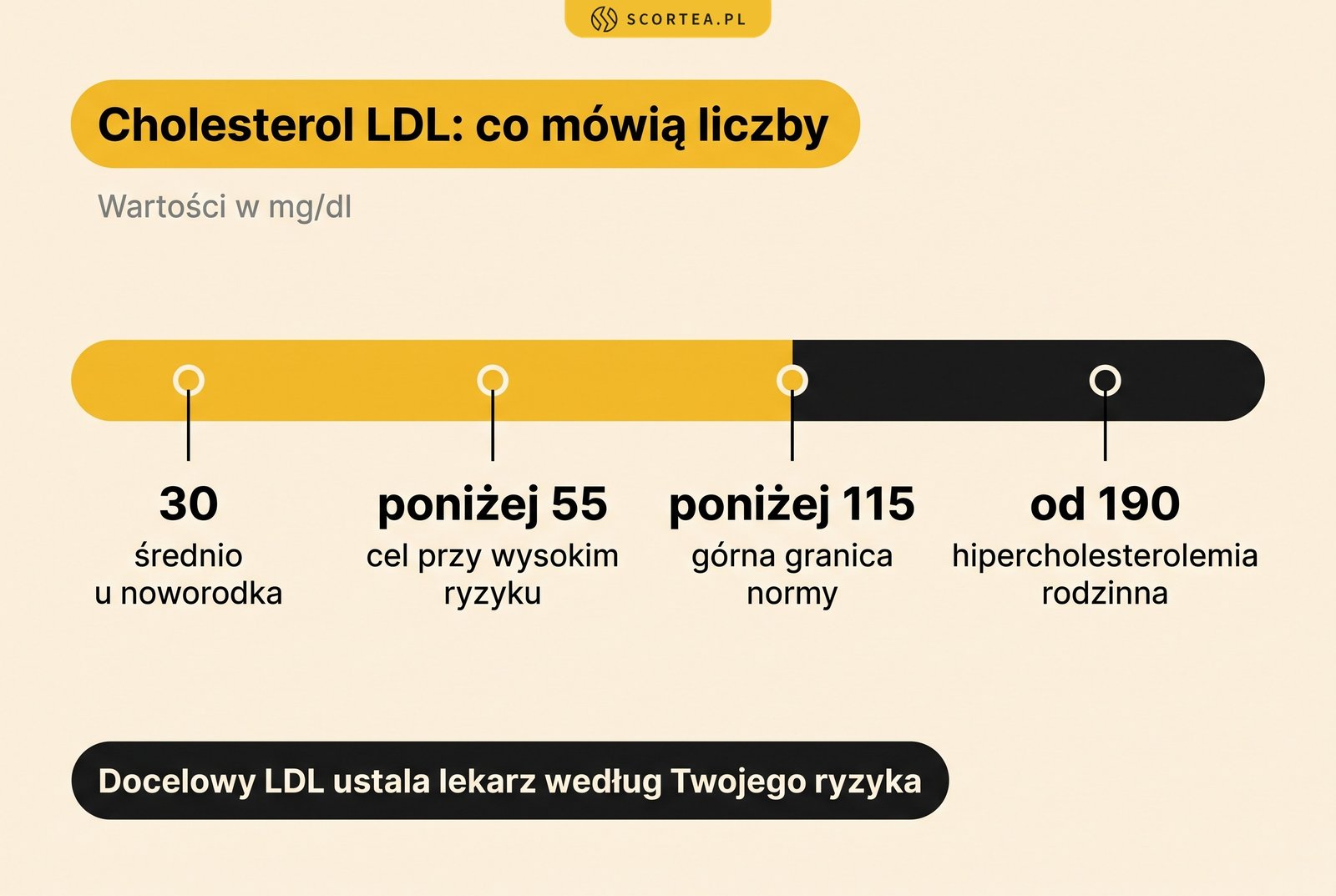 Infografika: cholesterol LDL w mg/dl, czyli średnio 30 u noworodka, poniżej 55 jako cel przy wysokim ryzyku, poniżej 115 jako górna granica normy i od 190 w hipercholesterolemii rodzinnej