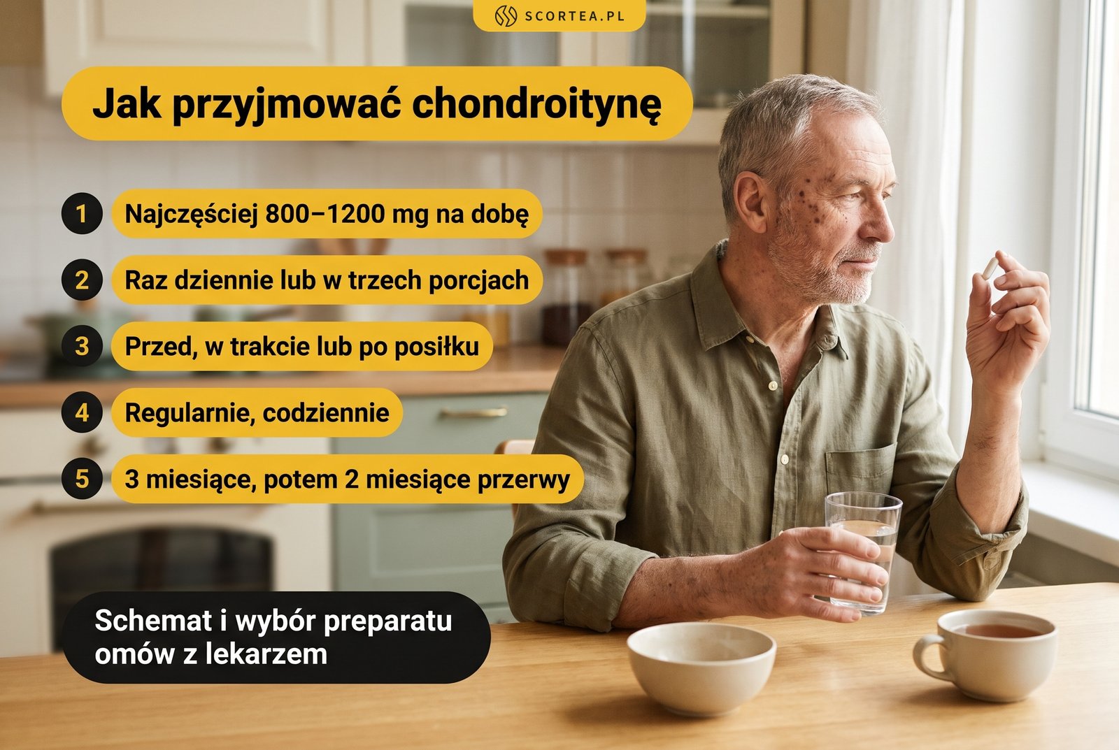 Infografika: jak przyjmować chondroitynę, czyli najczęściej 800-1200 mg na dobę, raz dziennie lub w trzech porcjach, przed, w trakcie lub po posiłku, regularnie, przez 3 miesiące, a potem 2 miesiące przerwy; schemat i wybór preparatu omów z lekarzem