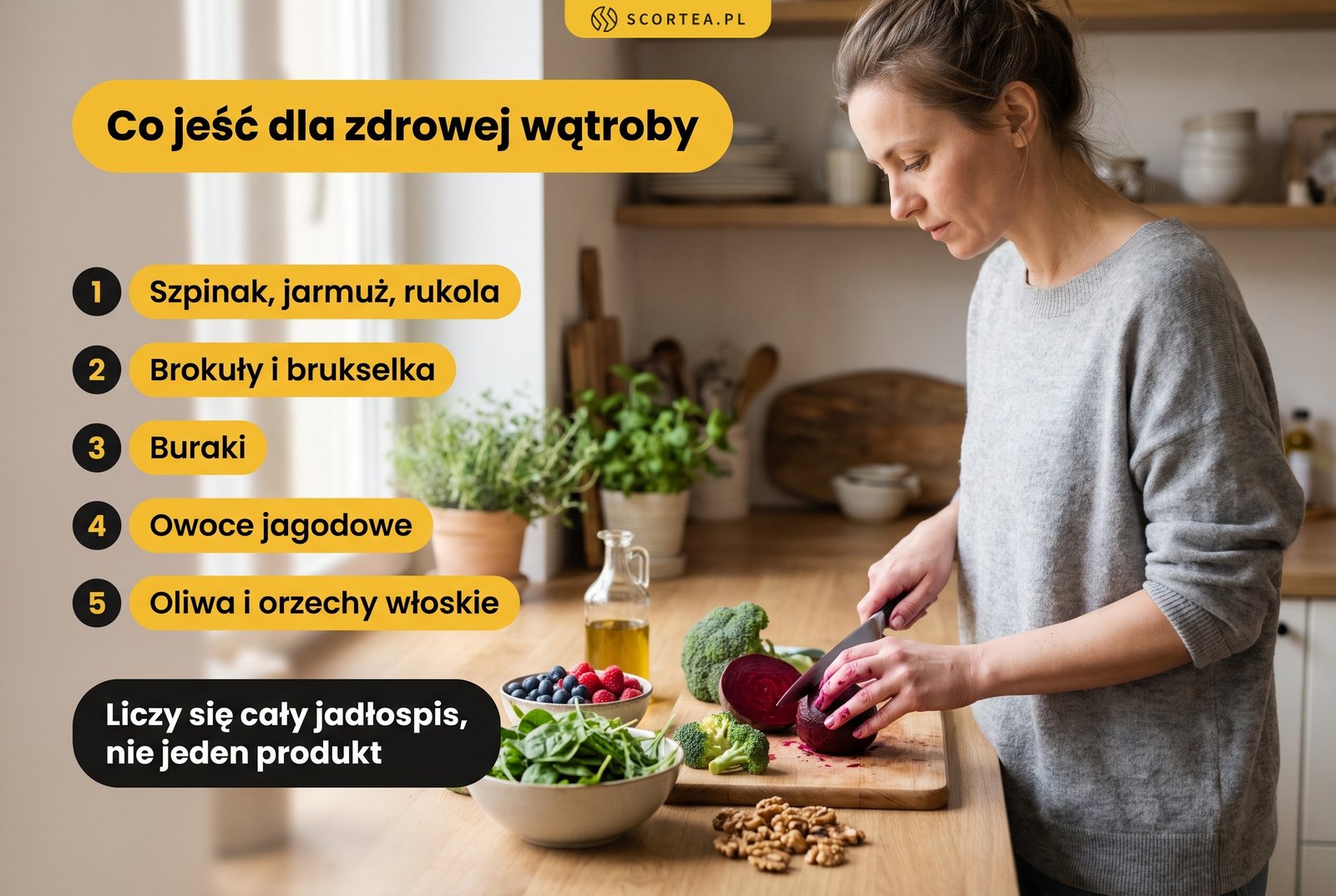 Infografika: co jeść dla zdrowej wątroby, czyli szpinak, jarmuż i rukola, brokuły i brukselka, buraki, owoce jagodowe oraz oliwa i orzechy włoskie; liczy się cały jadłospis, nie jeden produkt