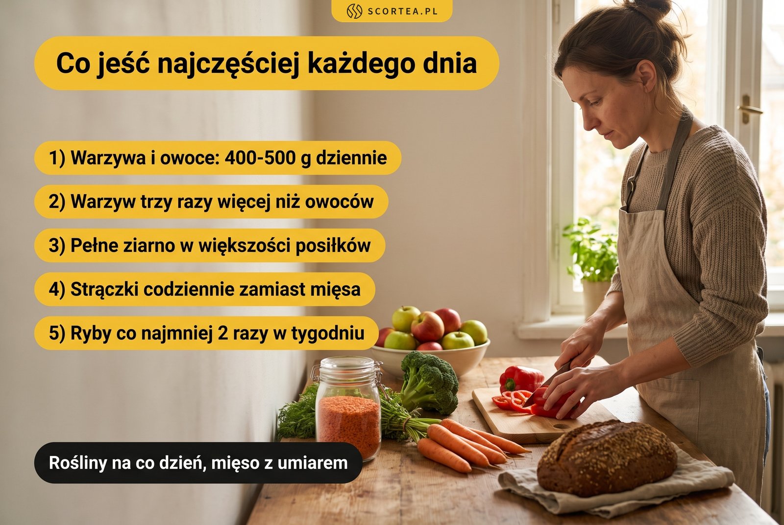 Infografika: co jeść najczęściej. Warzywa i owoce 400-500 g dziennie, pełne ziarno, strączki zamiast mięsa, ryby co najmniej 2 razy w tygodniu