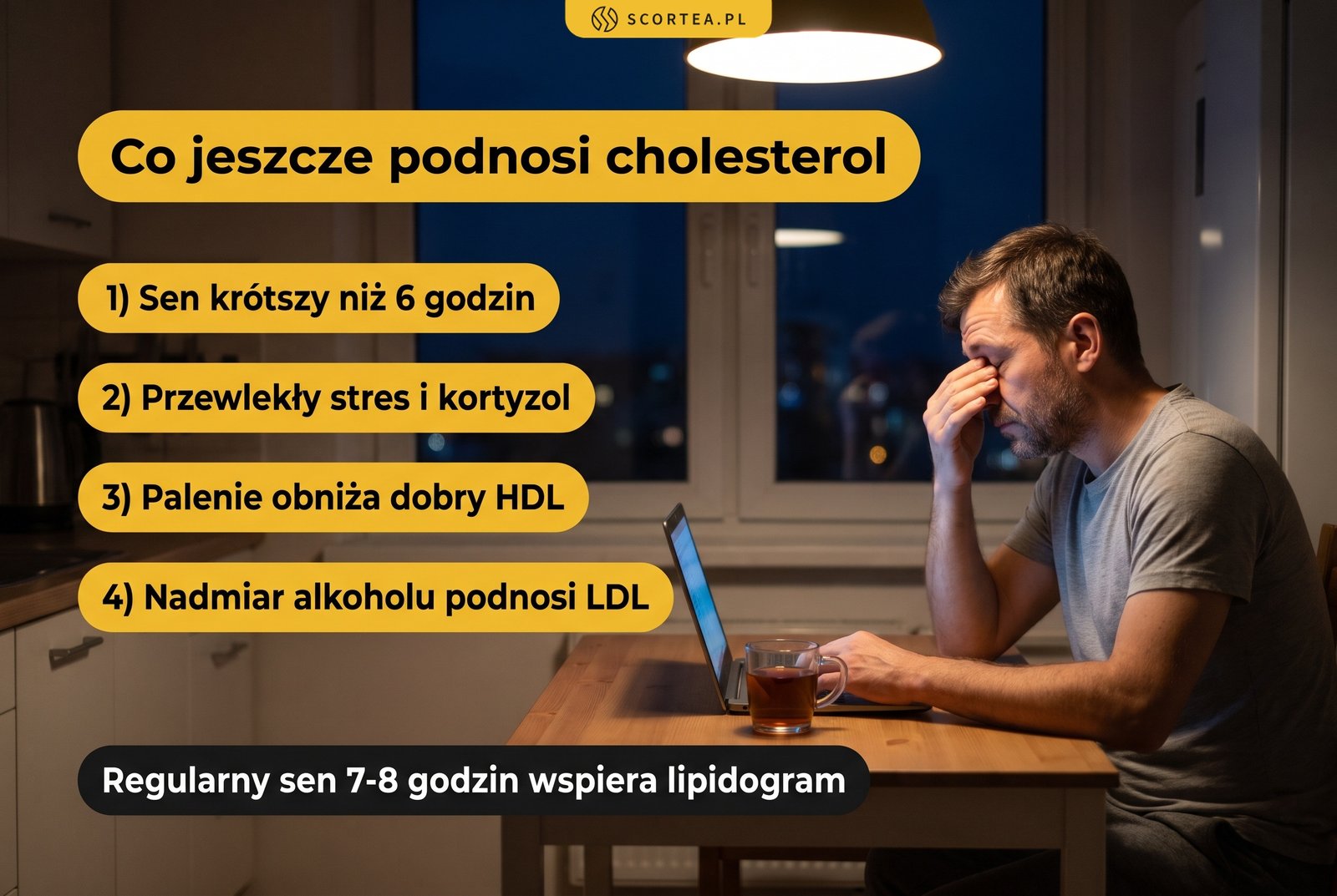 Infografika: co jeszcze podnosi cholesterol, czyli sen krótszy niż 6 godzin, przewlekły stres i kortyzol, palenie obniżające dobry HDL oraz nadmiar alkoholu podnoszący LDL