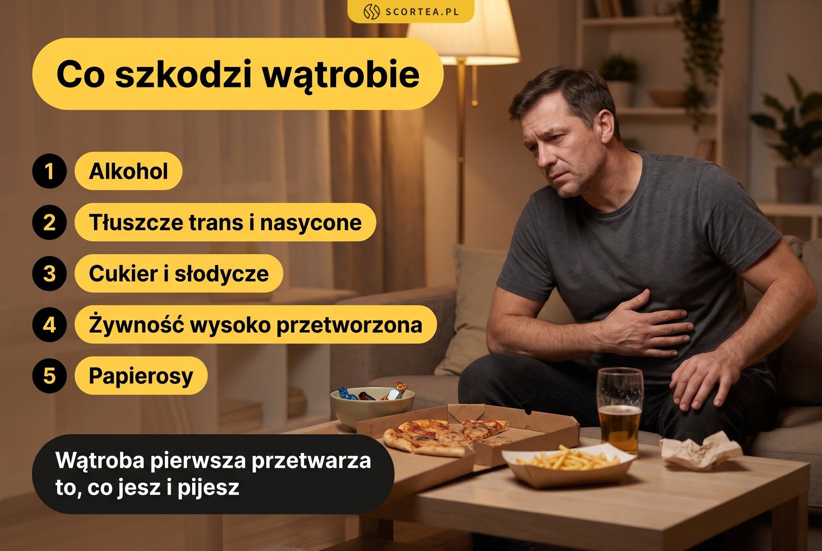 Infografika: co szkodzi wątrobie, czyli alkohol, tłuszcze trans i nasycone, cukier i słodycze, żywność wysoko przetworzona oraz papierosy; wątroba jako pierwsza przetwarza to, co jesz i pijesz