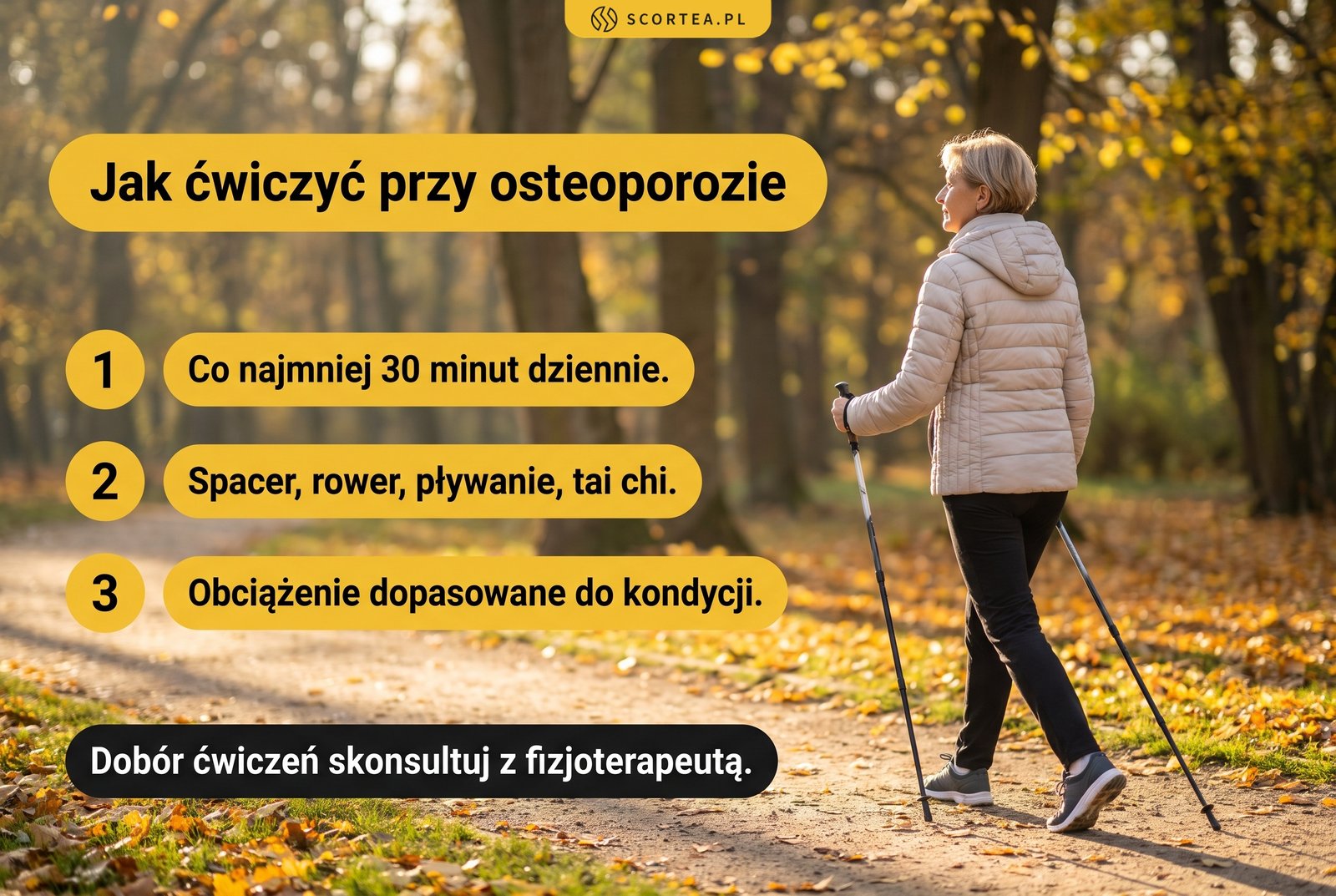 Infografika: jak ćwiczyć przy osteoporozie. Co najmniej 30 minut dziennie, spacer, rower, pływanie lub tai chi, obciążenie dopasowane do kondycji