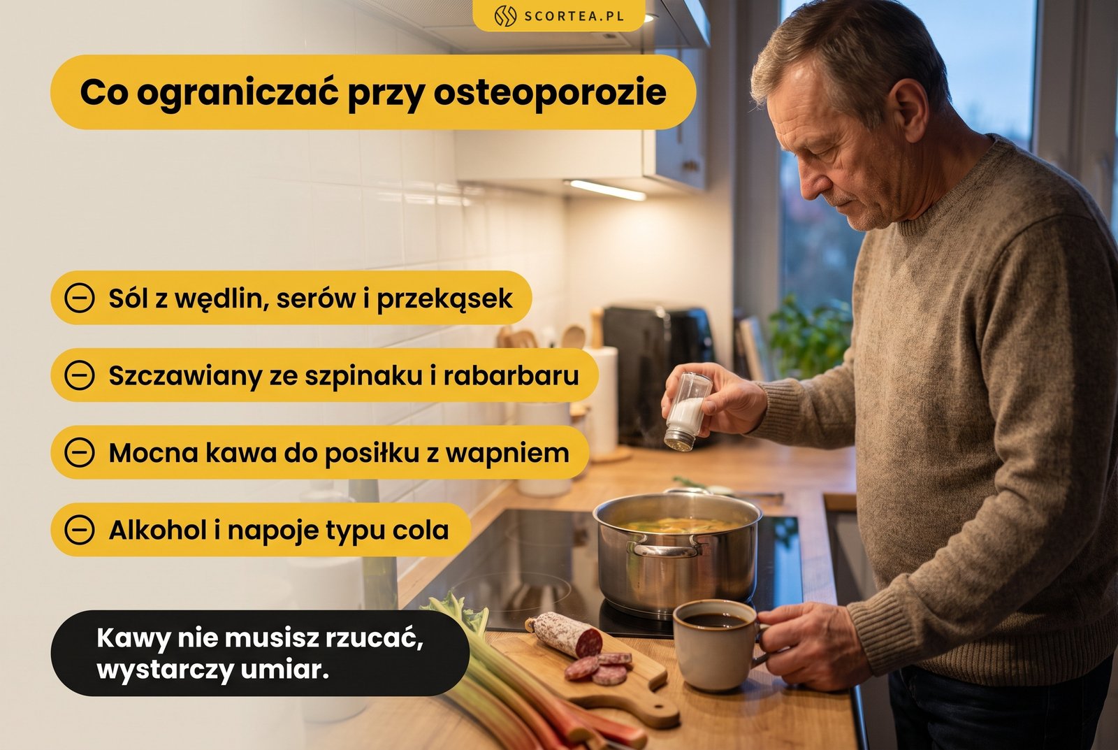 Infografika: co ograniczać przy osteoporozie. Sól z wędlin i serów, szczawiany ze szpinaku i rabarbaru, mocna kawa do posiłku, alkohol i cola