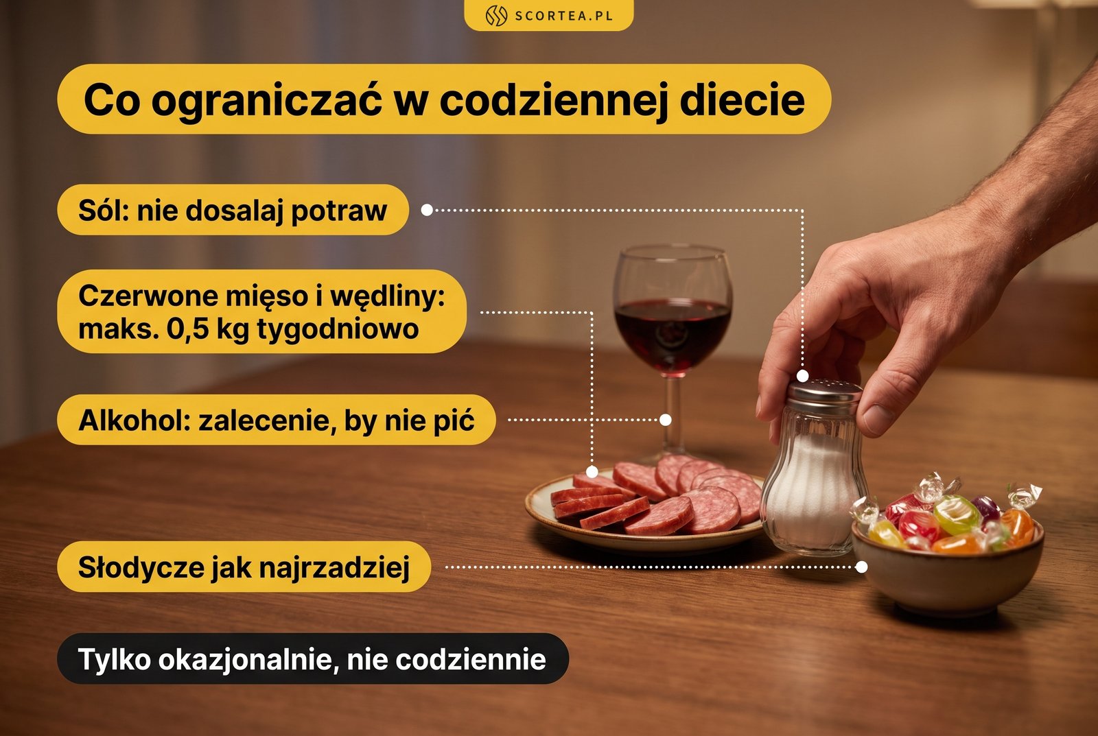 Infografika: co ograniczać w diecie. Nie dosalać potraw, czerwone mięso i wędliny maks. 0,5 kg tygodniowo, nie pić alkoholu, słodycze rzadko
