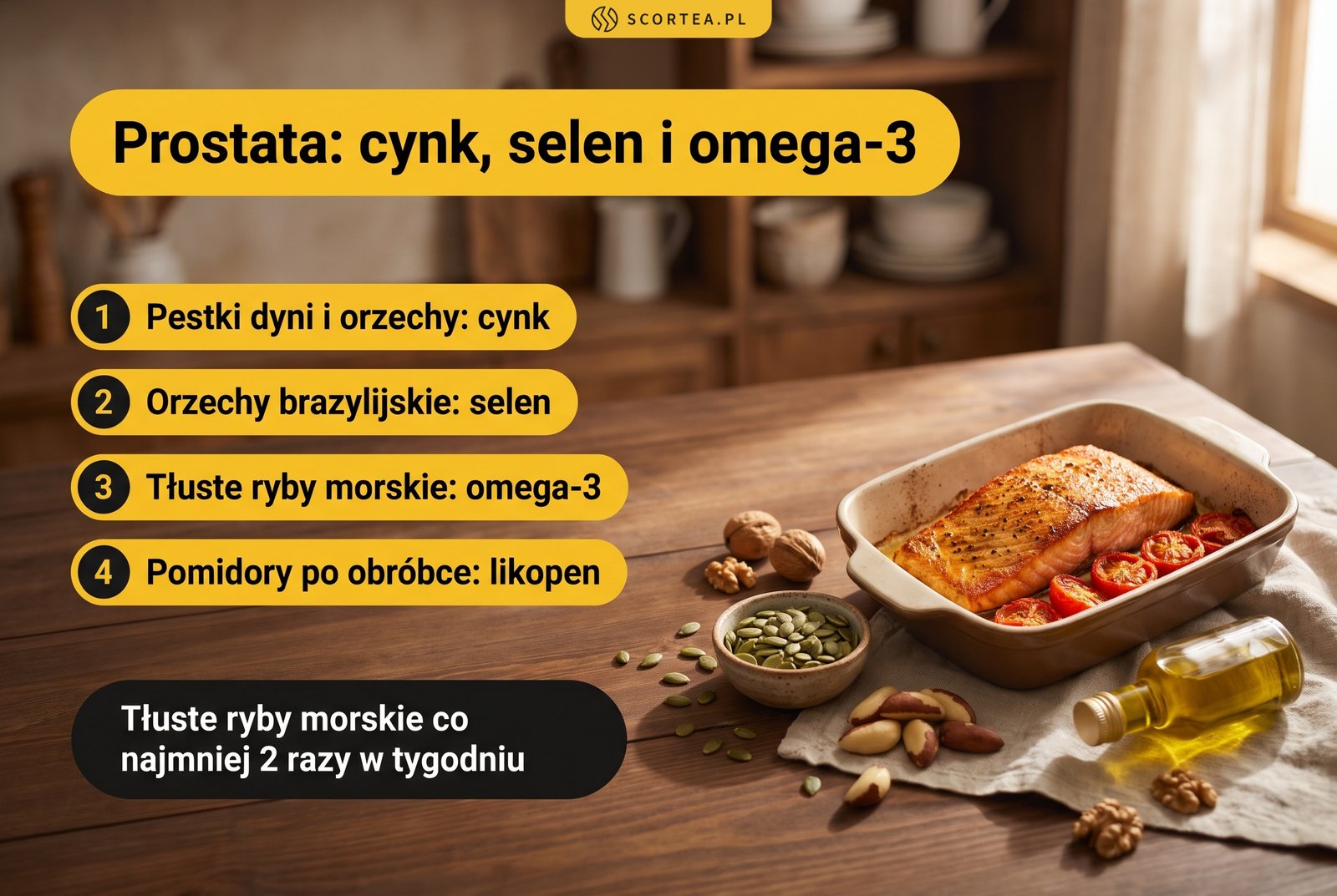 Infografika: dieta na prostatę, czyli cynk z pestek dyni i orzechów, selen z orzechów brazylijskich, omega-3 z tłustych ryb morskich i likopen z pomidorów po obróbce cieplnej; tłuste ryby morskie co najmniej 2 razy w tygodniu