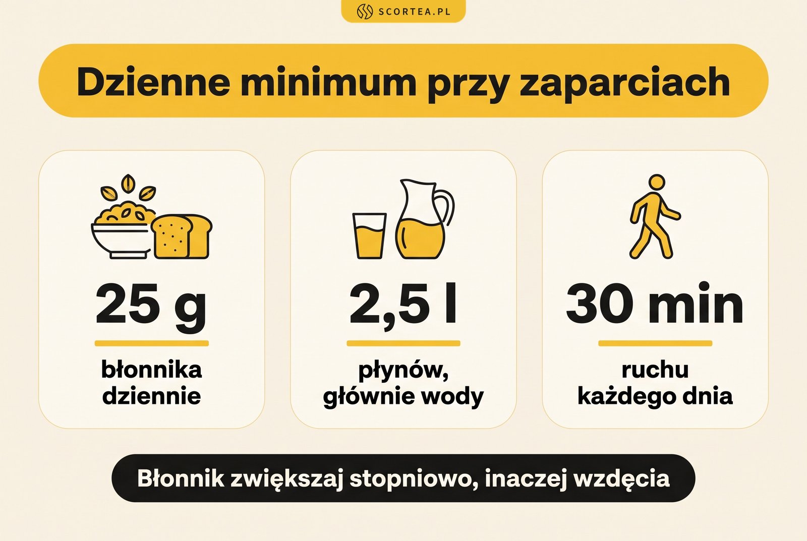 Infografika: dzienne minimum przy zaparciach: 25 g błonnika, 2,5 l płynów i 30 minut ruchu, błonnik zwiększany stopniowo, by uniknąć wzdęć