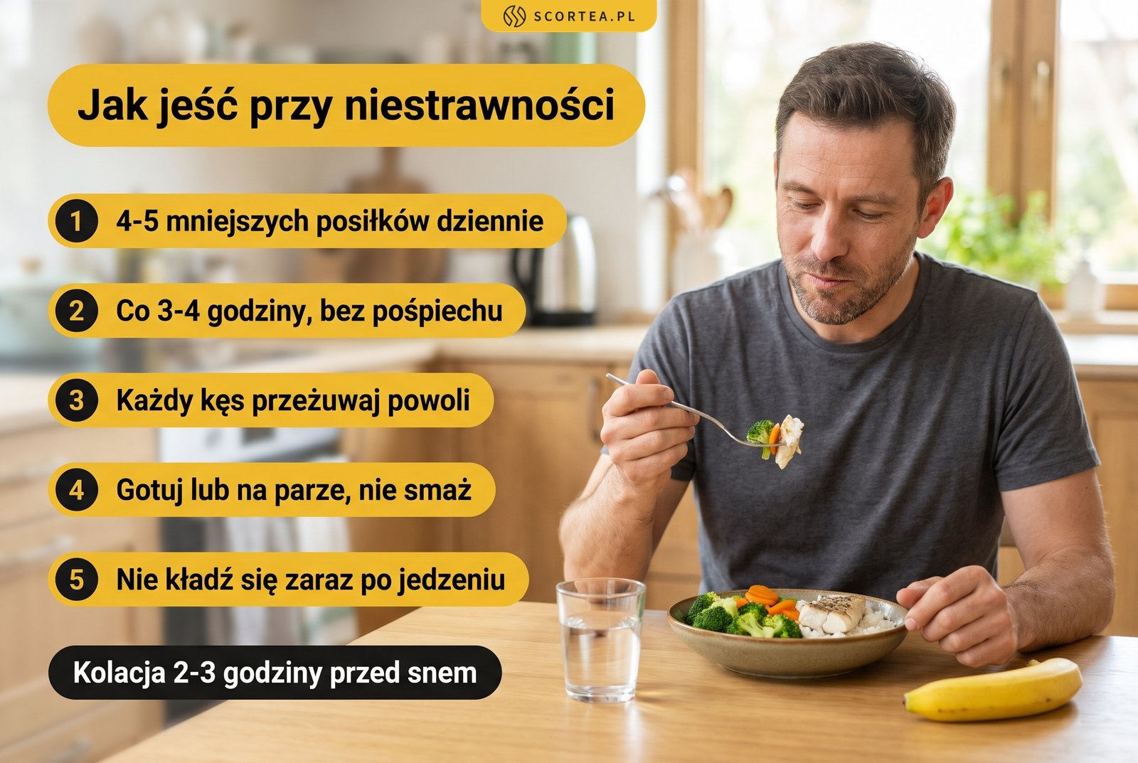 Infografika: jak jeść przy niestrawności, czyli 4-5 mniejszych posiłków dziennie, co 3-4 godziny i bez pośpiechu, powolne przeżuwanie każdego kęsa, gotowanie lub na parze zamiast smażenia i niekładzenie się zaraz po jedzeniu; kolacja 2-3 godziny przed snem