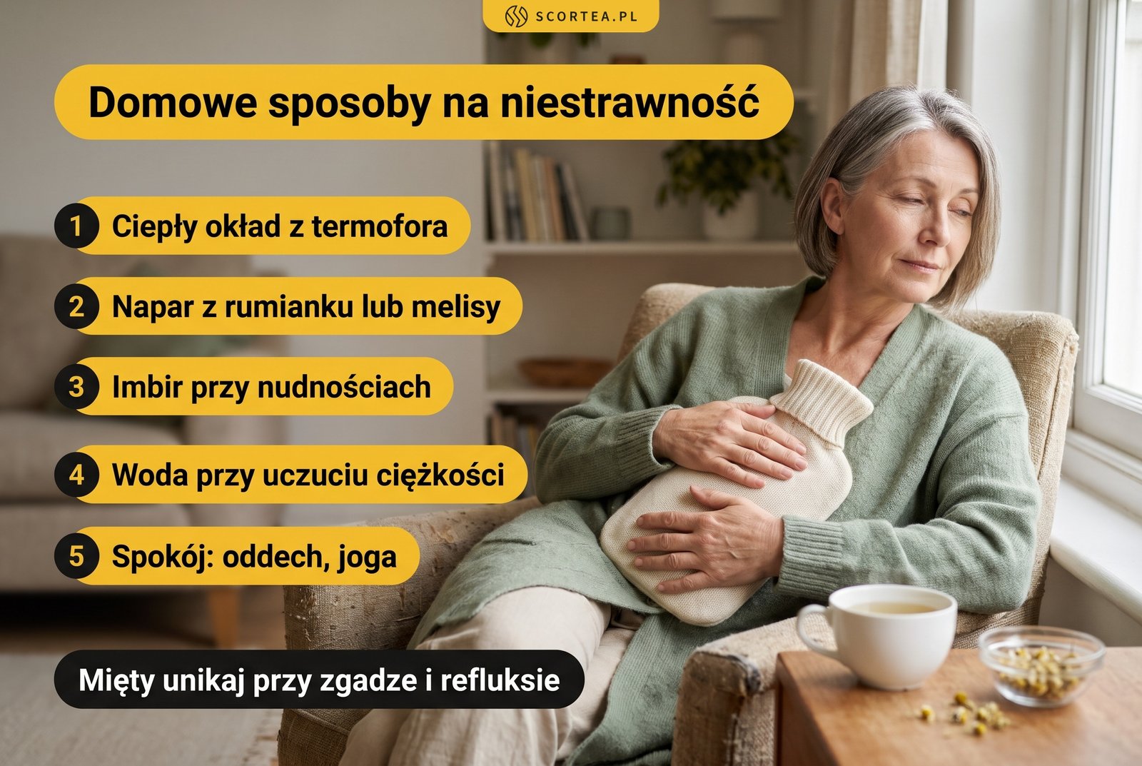 Infografika: domowe sposoby na niestrawność, czyli ciepły okład z termofora, napar z rumianku lub melisy, imbir przy nudnościach, woda przy uczuciu ciężkości oraz spokój, oddech i joga; mięty unikaj przy zgadze i refluksie