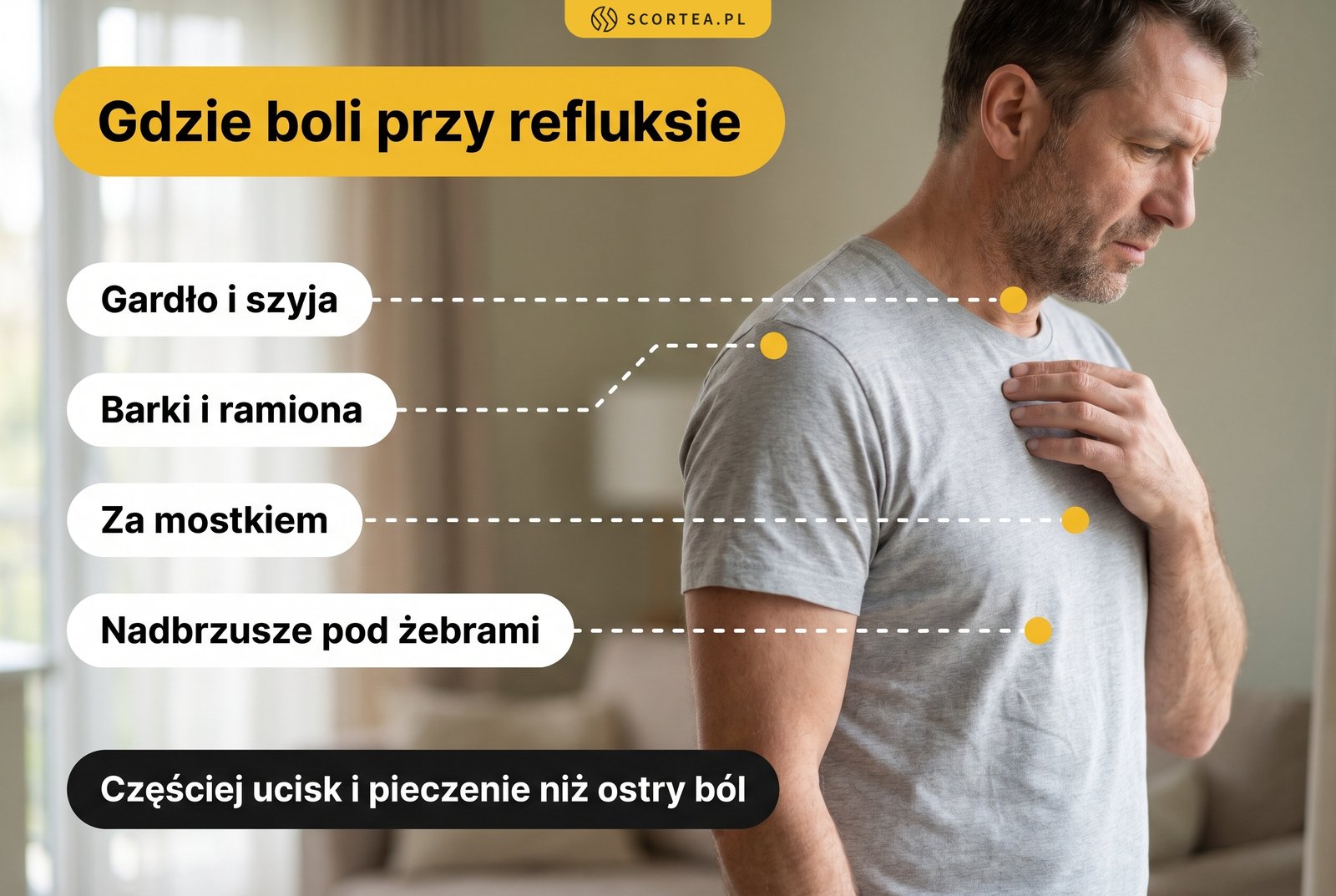 Infografika: gdzie boli przy refluksie, czyli gardło i szyja, barki i ramiona, okolica za mostkiem oraz nadbrzusze pod żebrami; ból częściej przypomina ucisk i pieczenie niż ostry ból