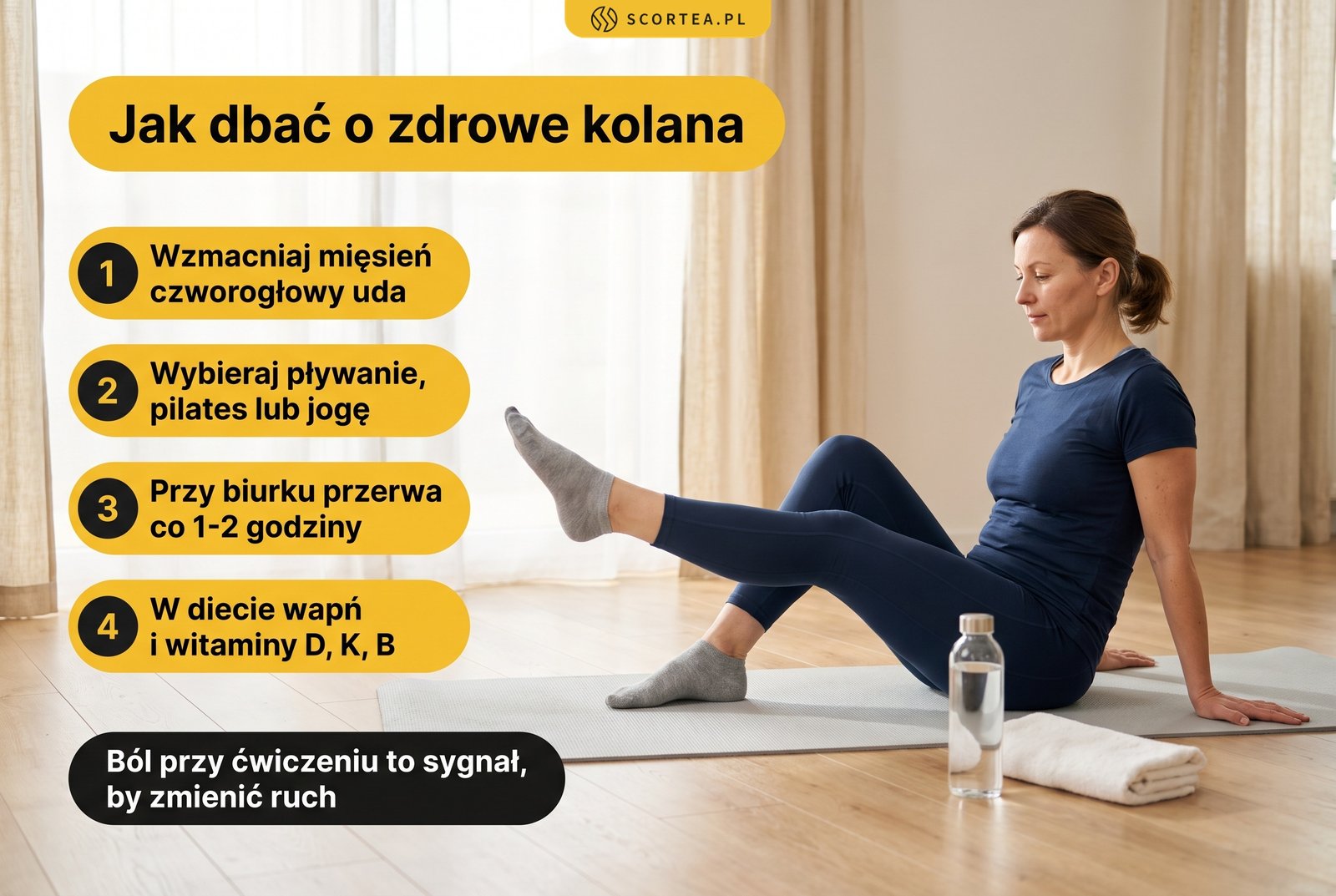 Infografika: jak dbać o zdrowe kolana, czyli mięsień czworogłowy, pływanie lub joga, przerwy przy biurku i wapń z witaminami