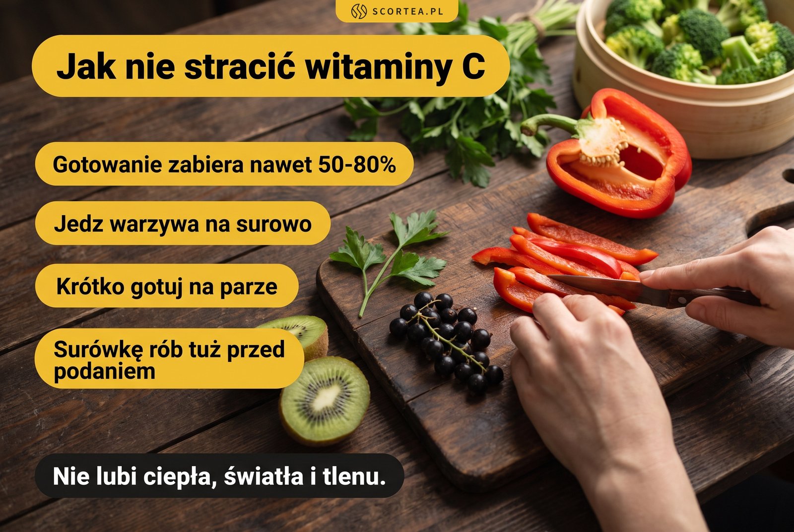 Infografika: gotowanie zabiera nawet 50-80% witaminy C, jedz warzywa na surowo, gotuj krótko na parze, surówkę rób tuż przed podaniem