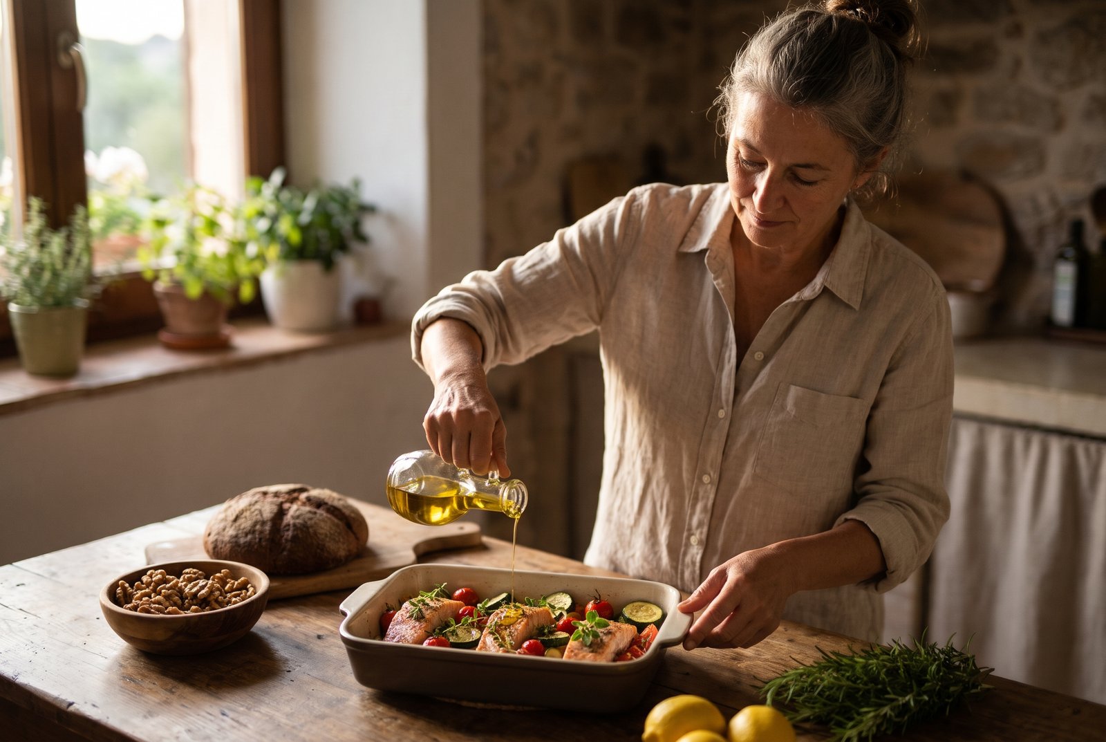 Kobieta w domowej kuchni polewa oliwą z oliwek pieczonego łososia z warzywami, obok orzechy włoskie i chleb razowy, czyli dieta pomagająca obniżyć cholesterol